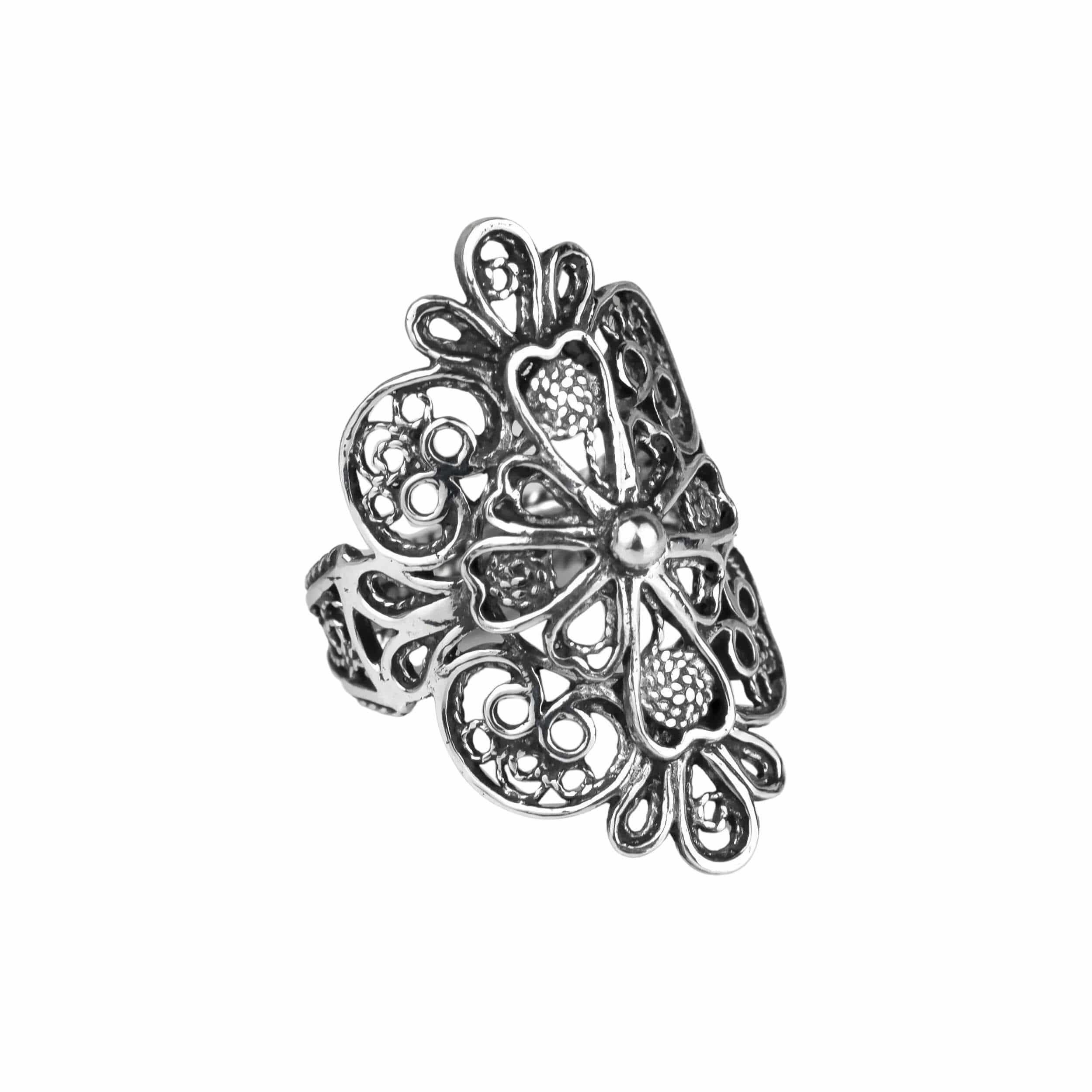 Filigree Art Lace Embroidery Cross Figured Women Silver Statement Ring