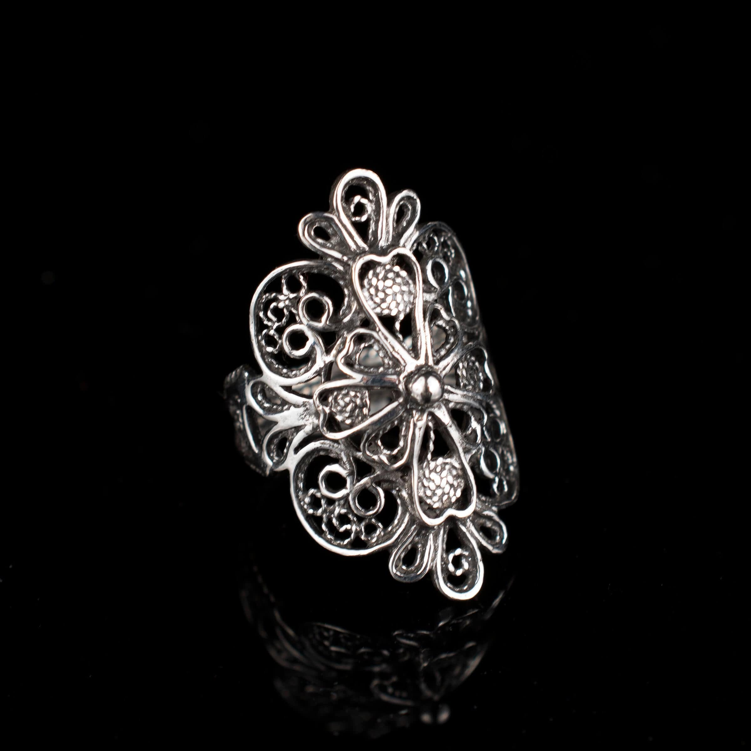 Filigree Art Lace Embroidery Cross Figured Women Silver Statement Ring