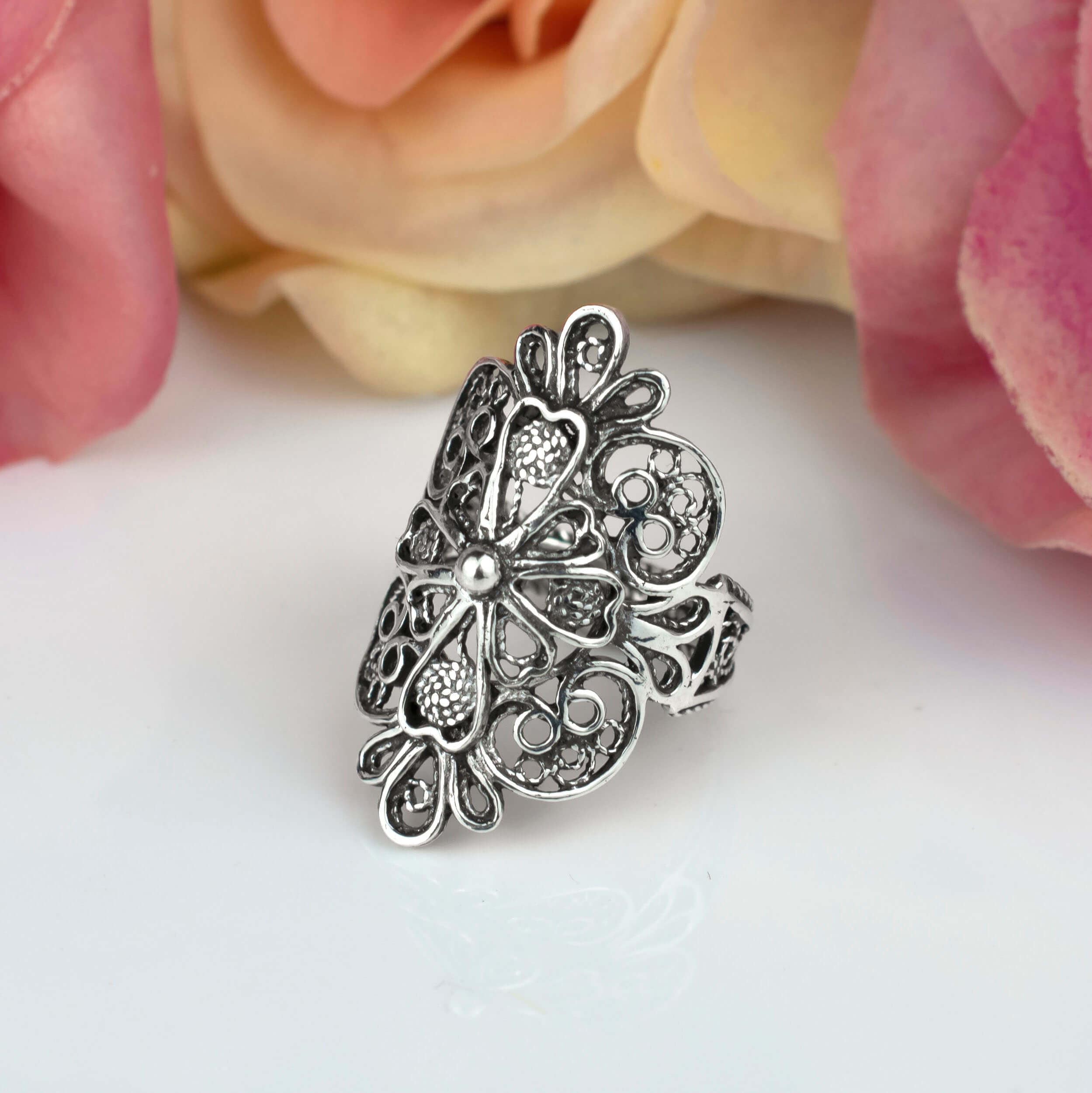 Filigree Art Lace Embroidery Cross Figured Women Silver Statement Ring