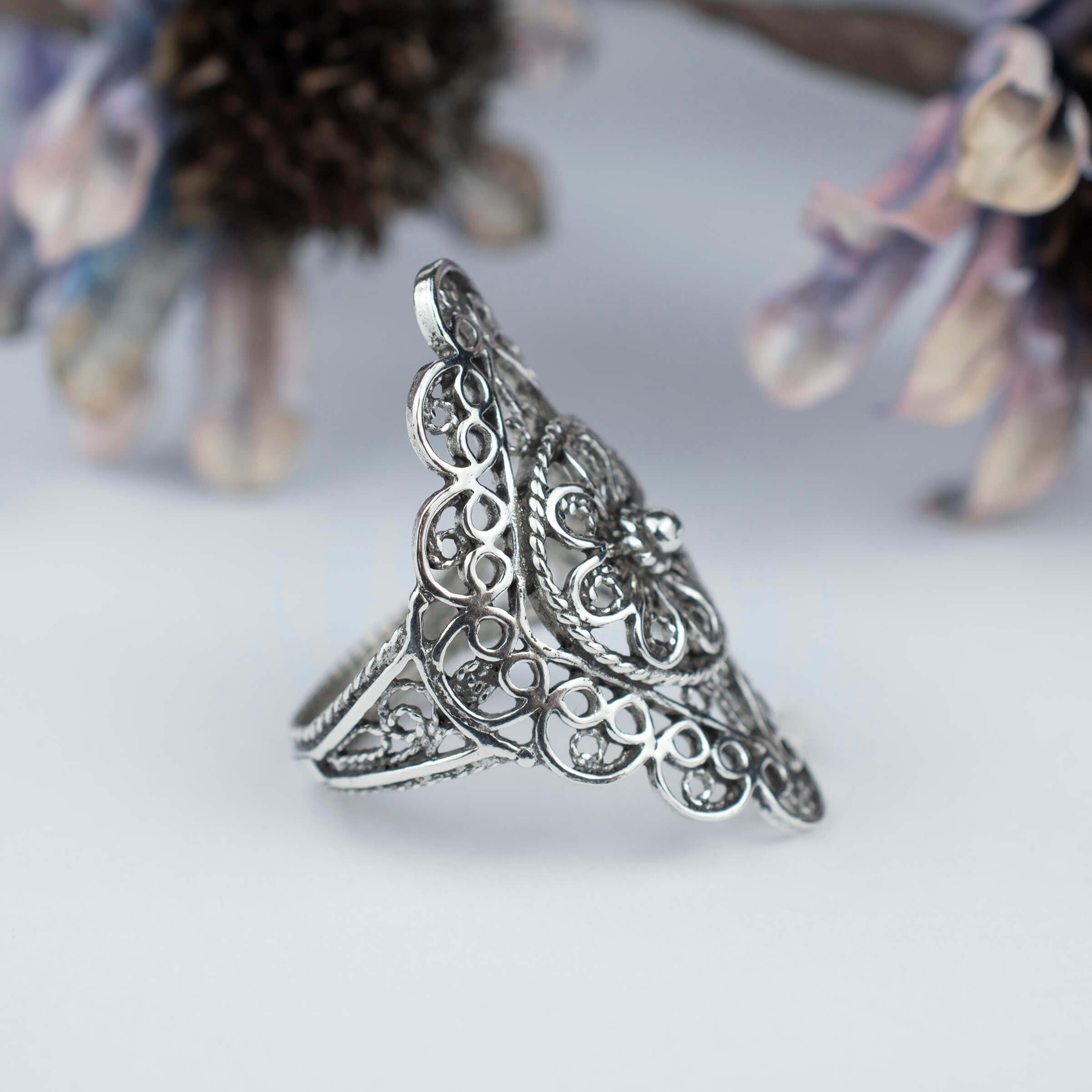 Filigree Art Lace Detailed Women Silver Statement Ring