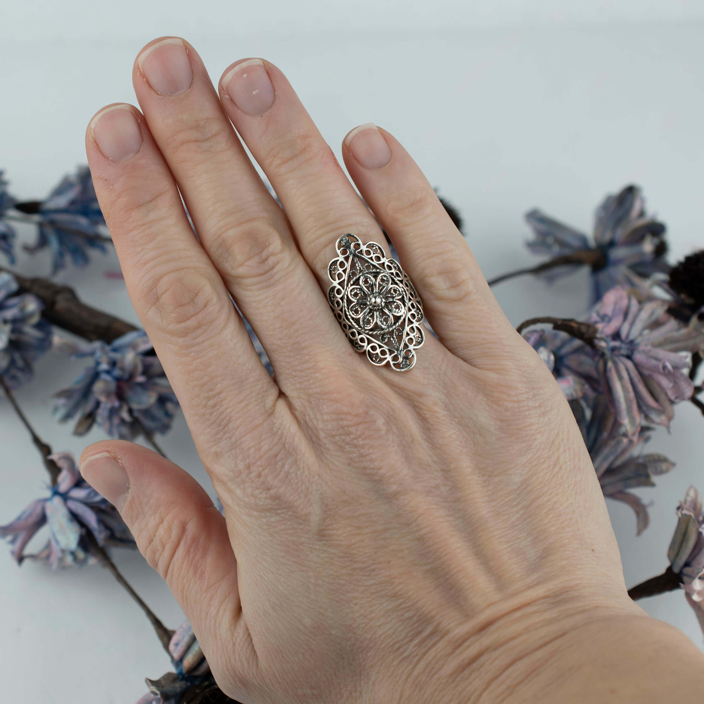 Filigree Art Lace Detailed Women Silver Statement Ring