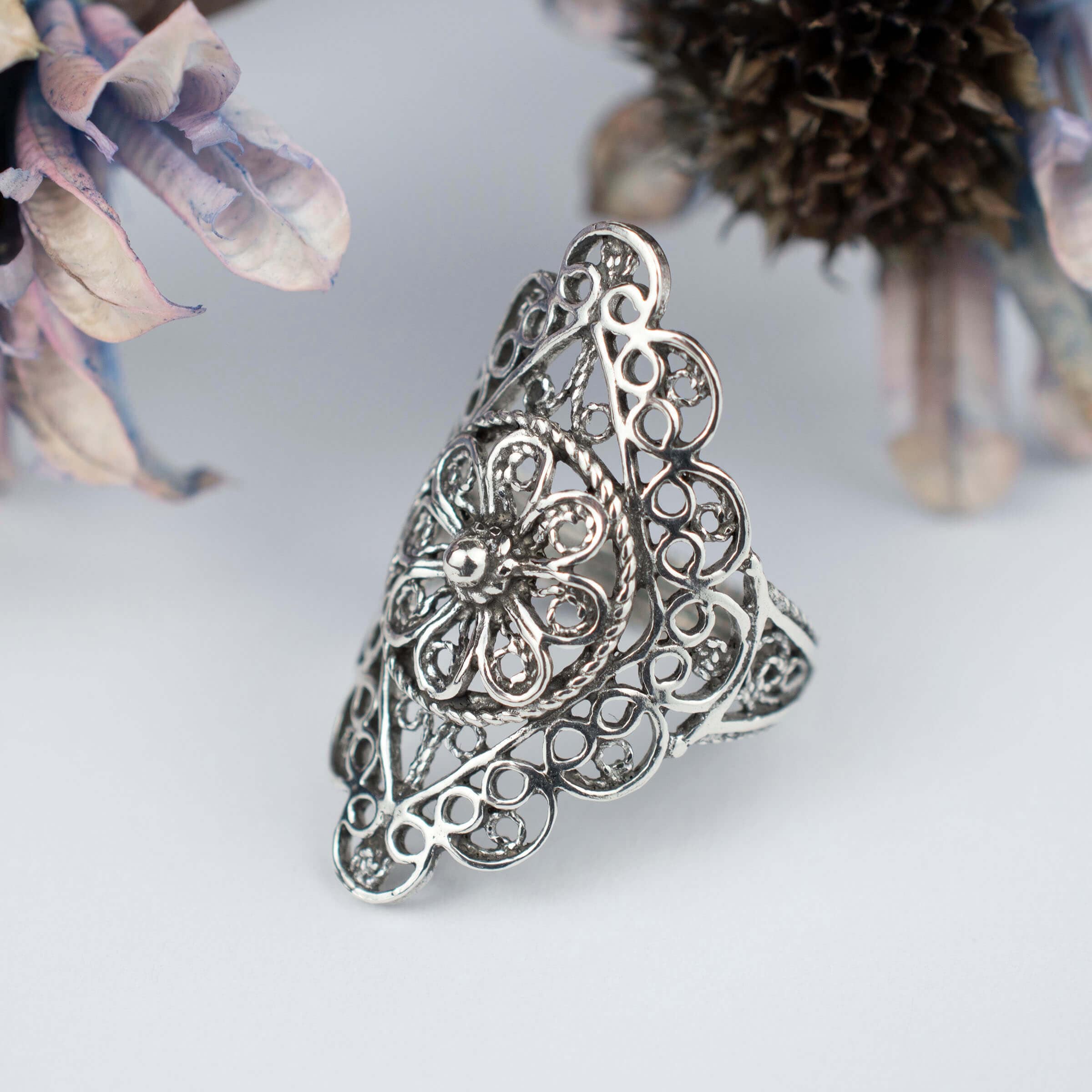 Filigree Art Lace Detailed Women Silver Statement Ring