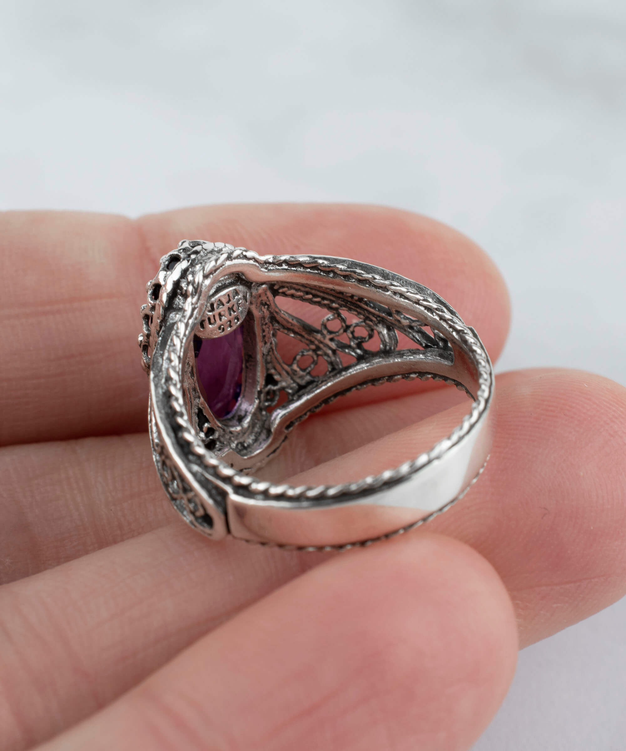 Filigree Art Amethyst Gemstone Angel Design Women Silver Cocktail Ring