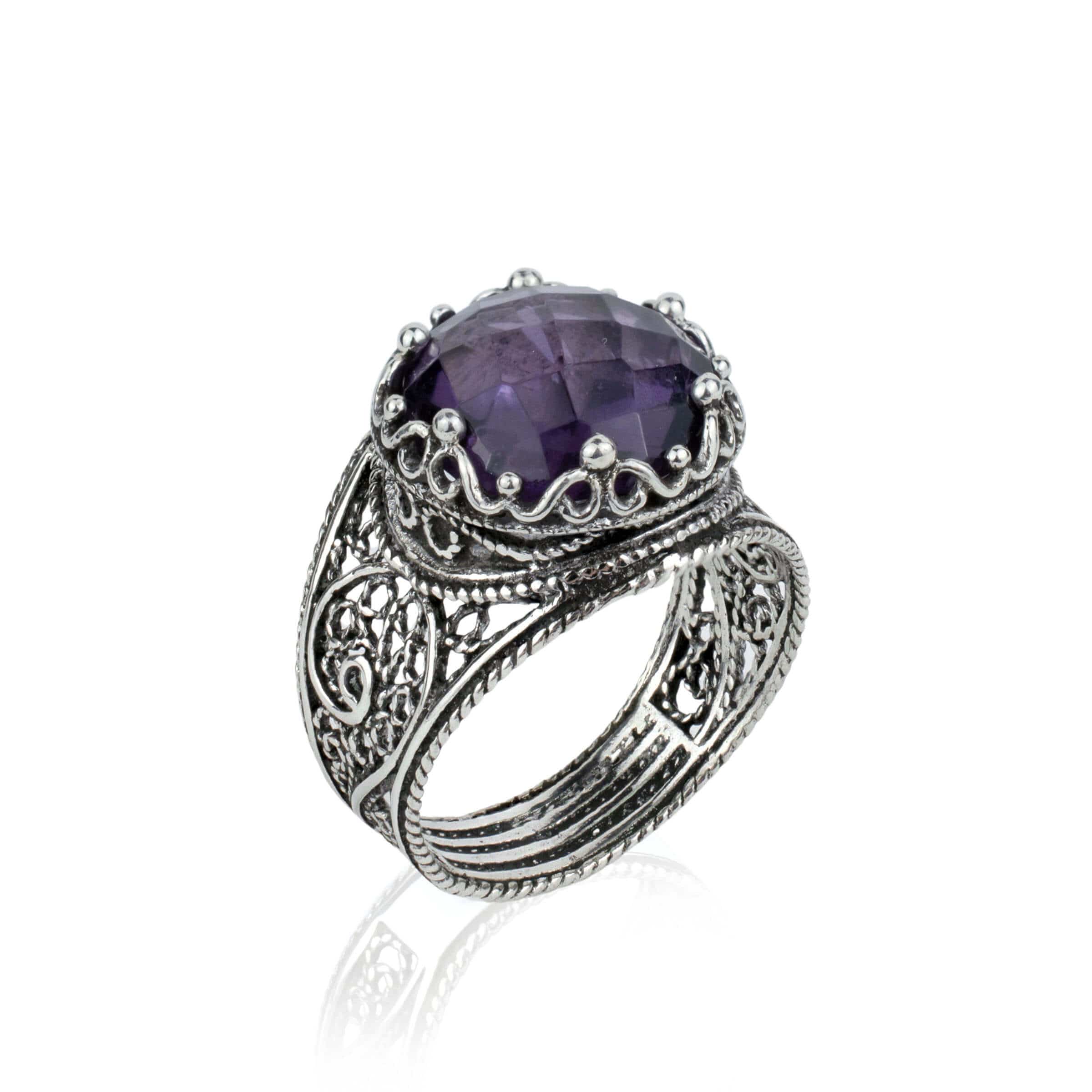 Filigree Art Amethyst Gemstone Crown Design Women Silver Statement