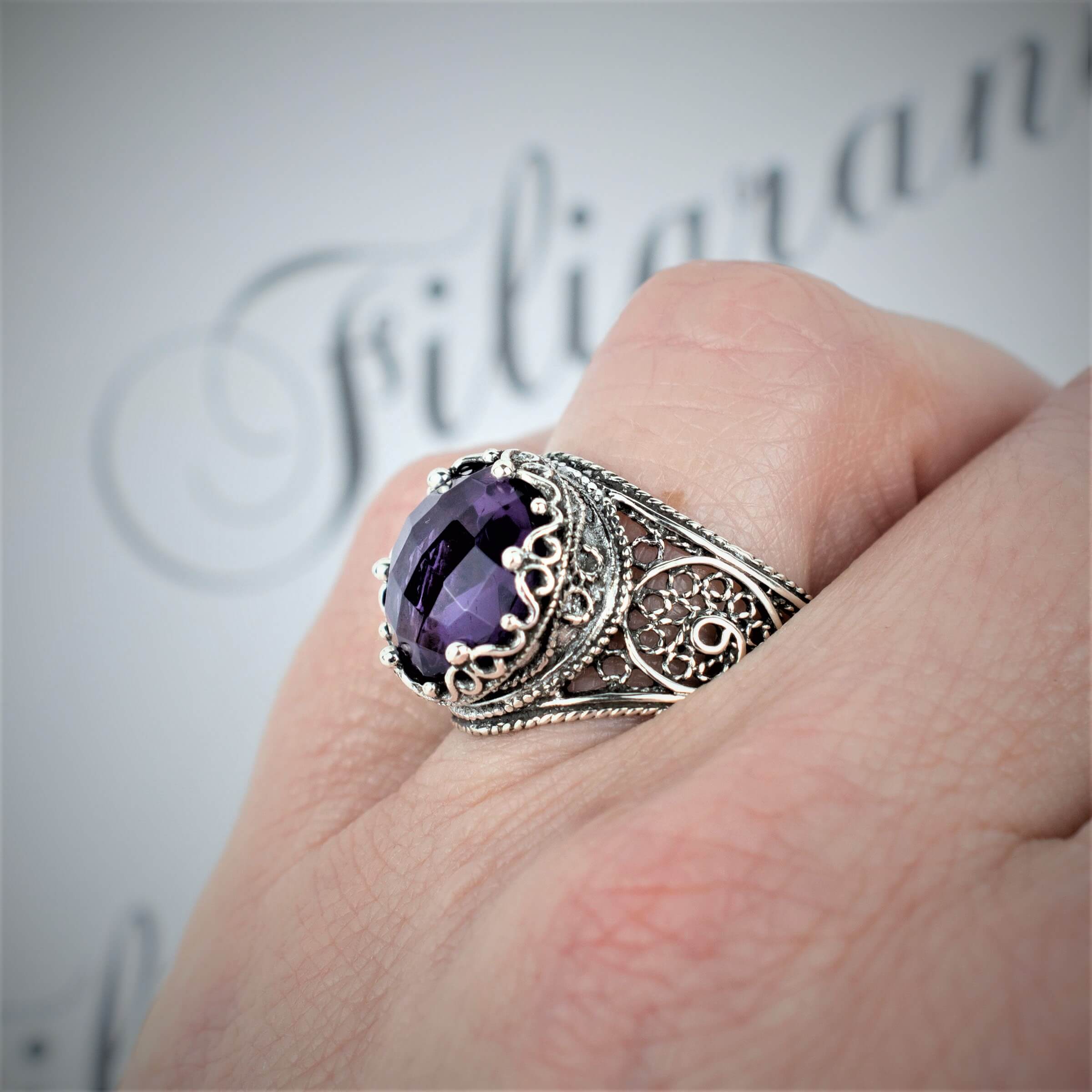 Filigree Art Amethyst Gemstone Crown Design Women Silver Statement