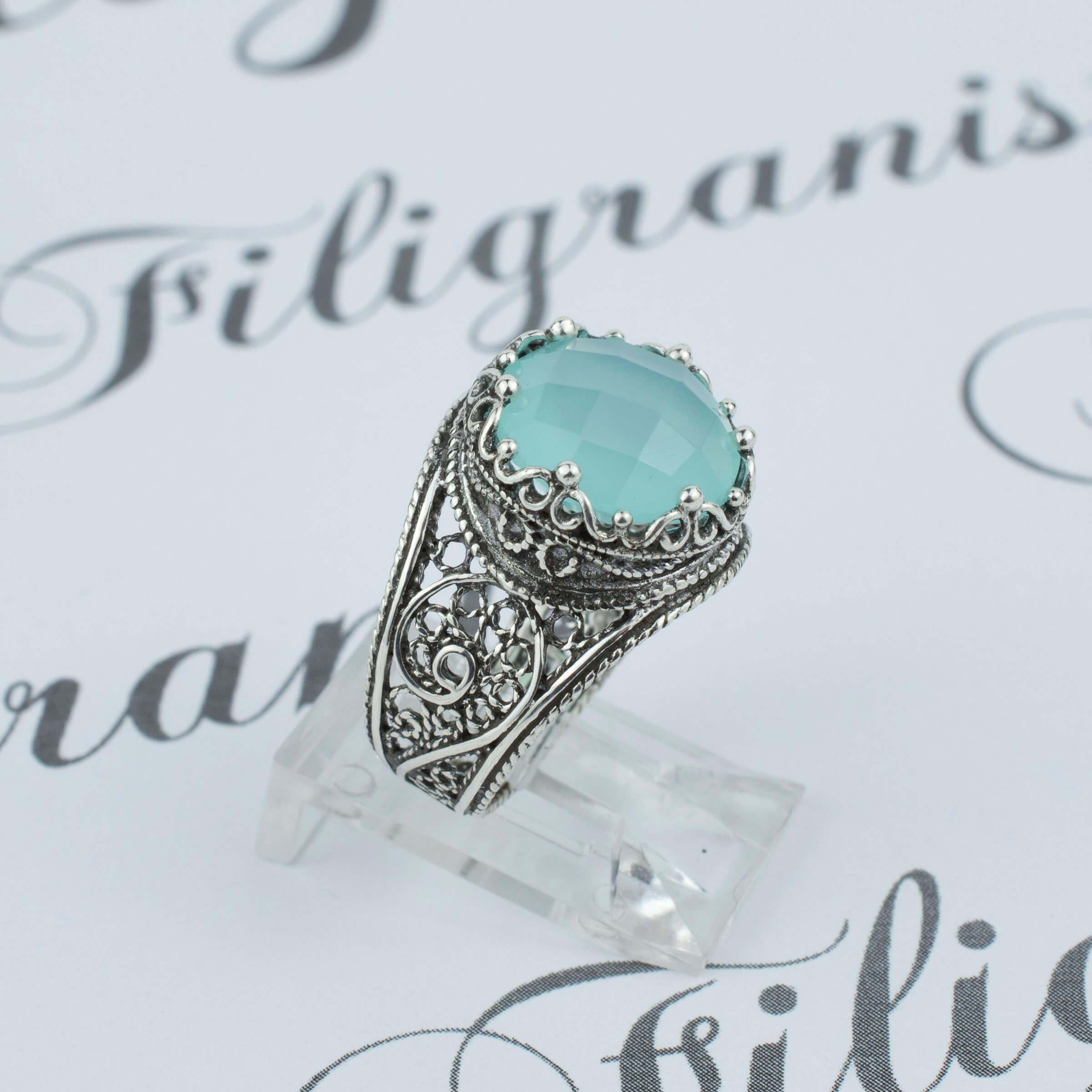 Filigree Art Aqua Chalcedony Gemstone Crown Design Women Silver