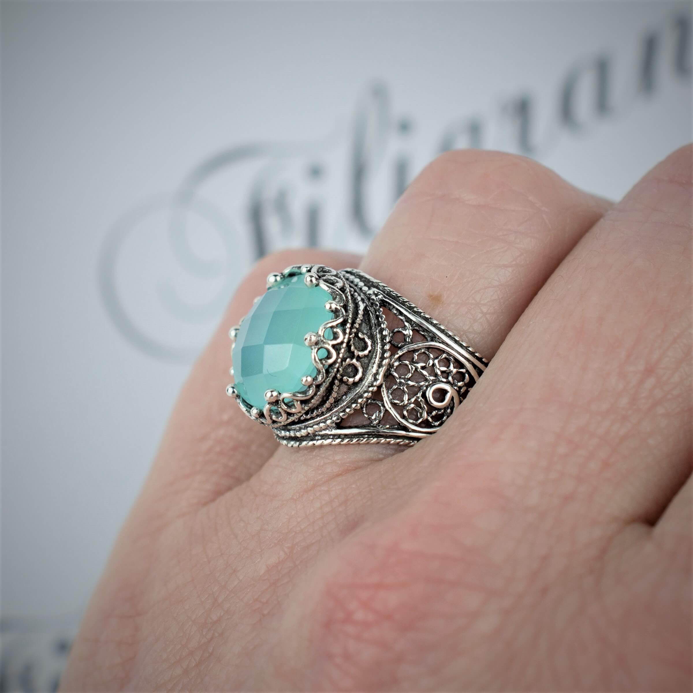 Filigree Art Aqua Chalcedony Gemstone Crown Design Women Silver