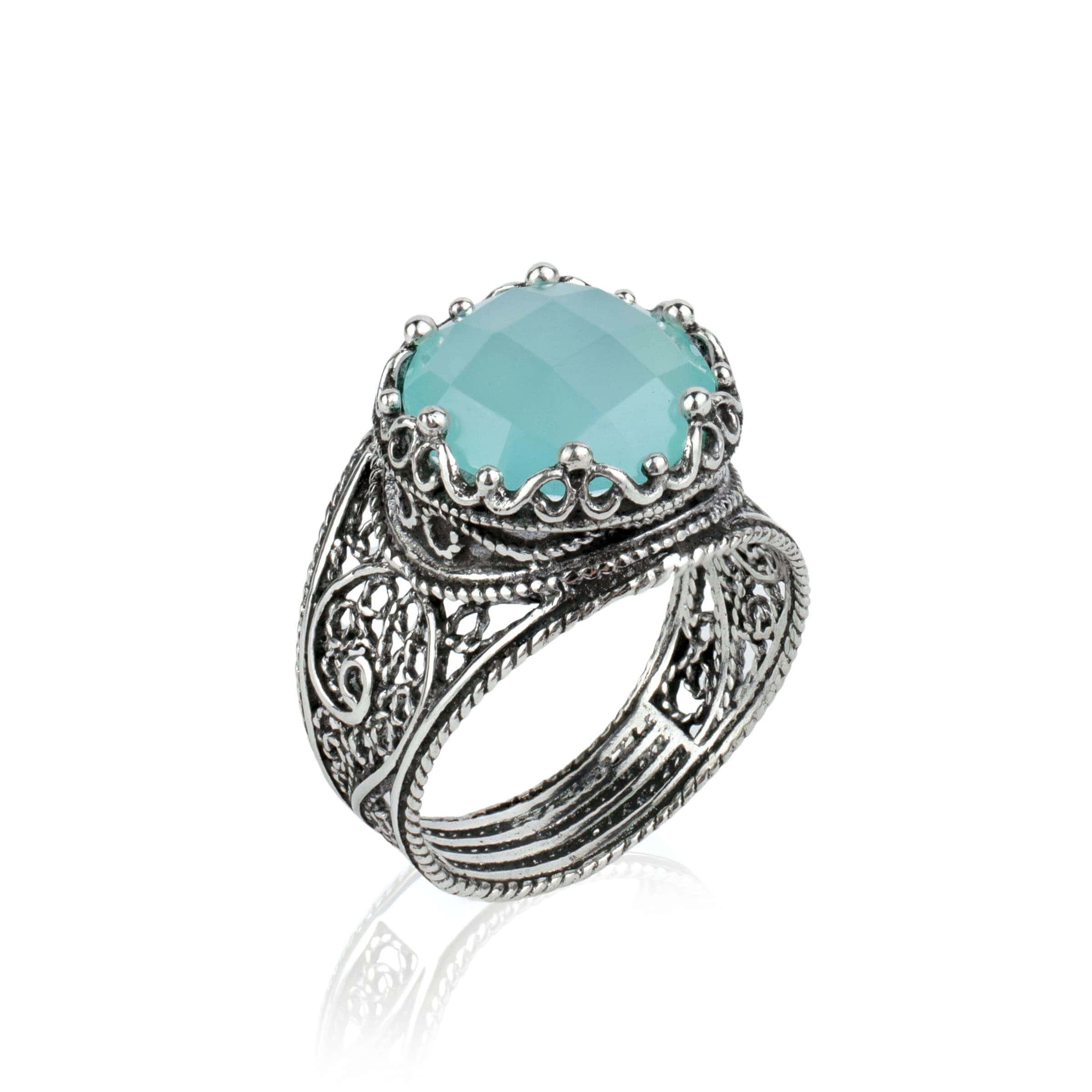 Filigree Art Aqua Chalcedony Gemstone Crown Design Women Silver