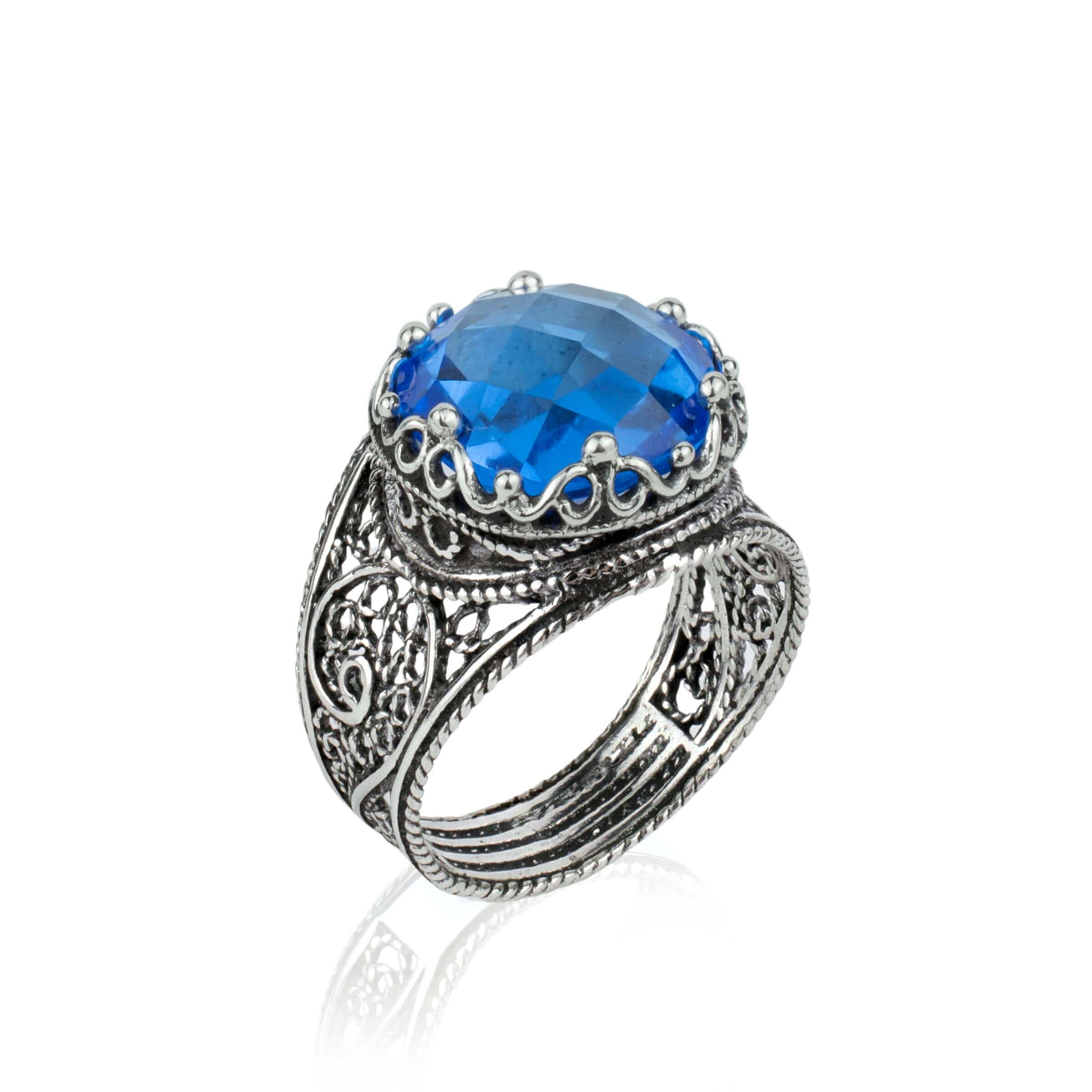 Filigree Art Blue Quartz Gemstone Crown Design Women Silver Statement