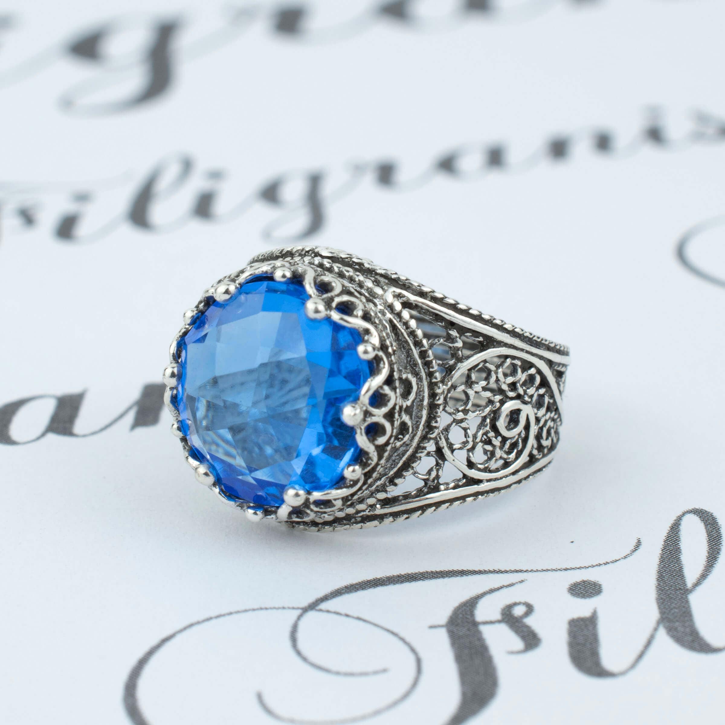 Filigree Art Blue Quartz Gemstone Crown Design Women Silver Statement