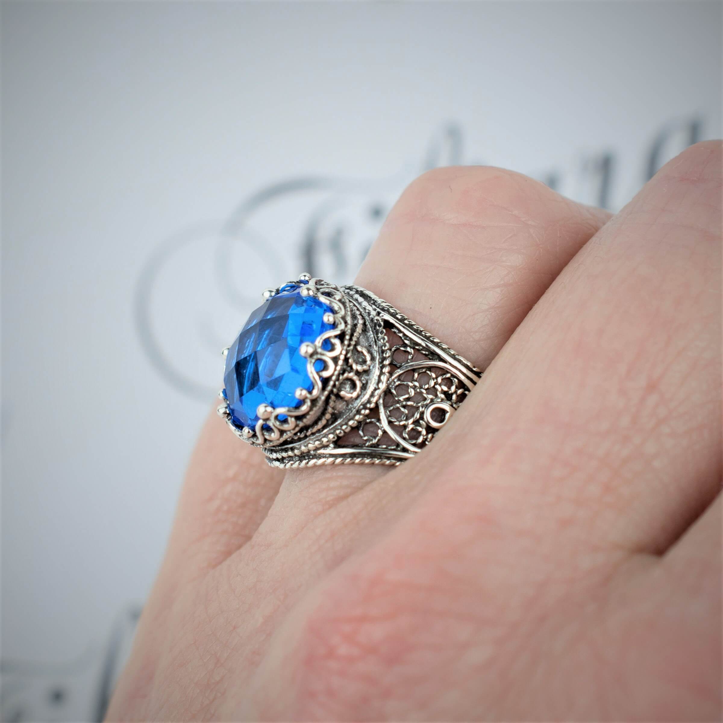 Filigree Art Blue Quartz Gemstone Crown Design Women Silver Statement