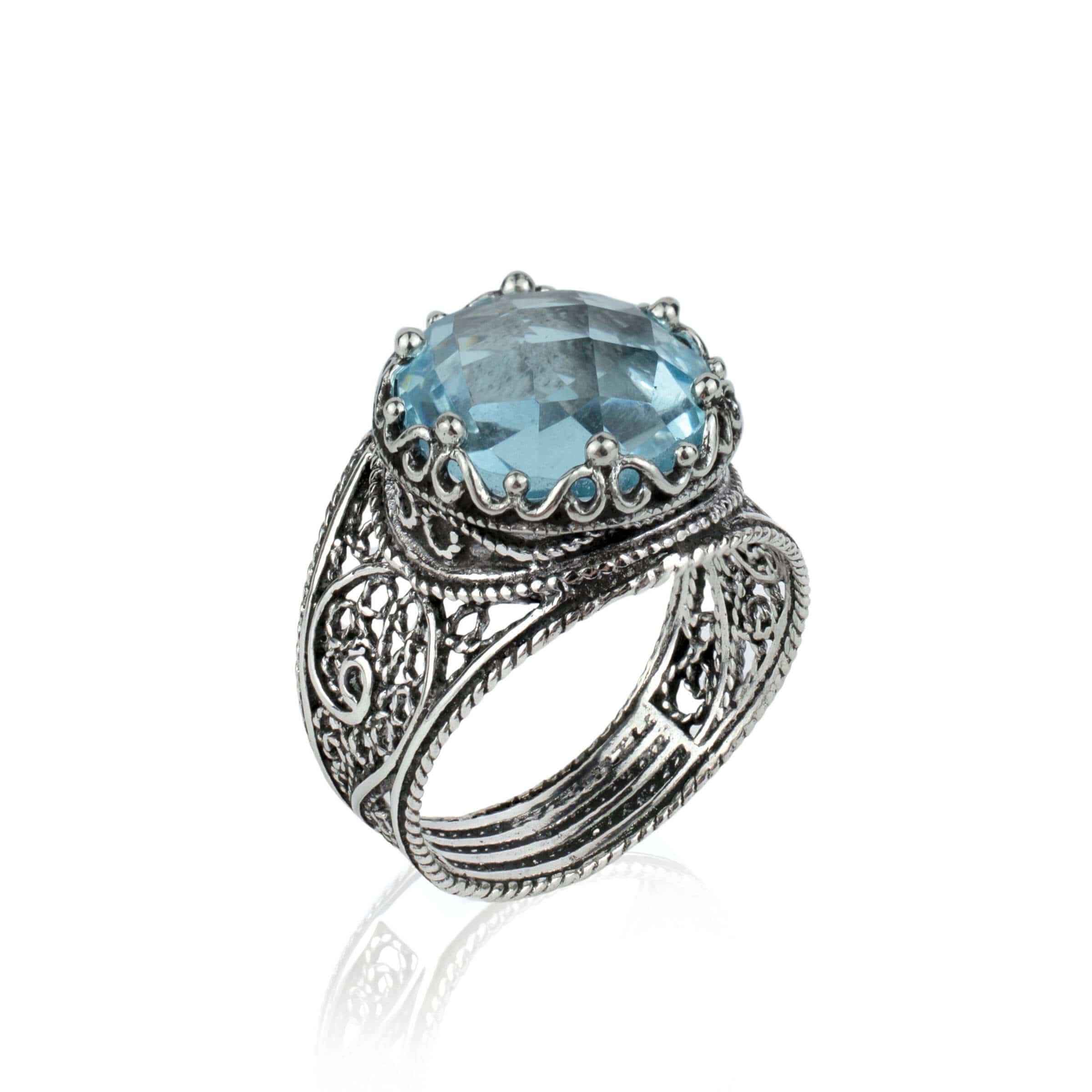 Filigree Art Blue Topaz Gemstone Crown Design Women Silver Statement