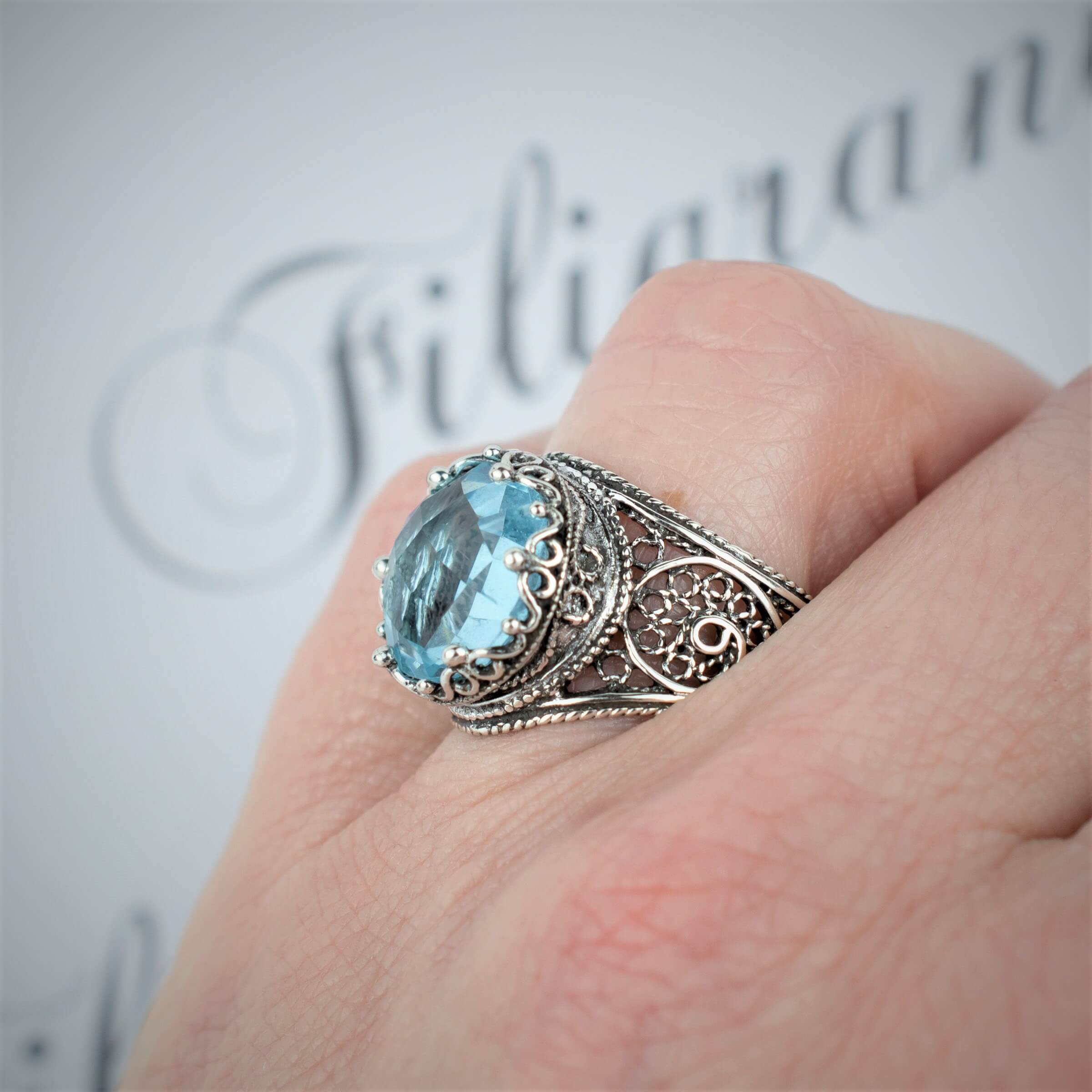 Filigree Art Blue Topaz Gemstone Crown Design Women Silver Statement