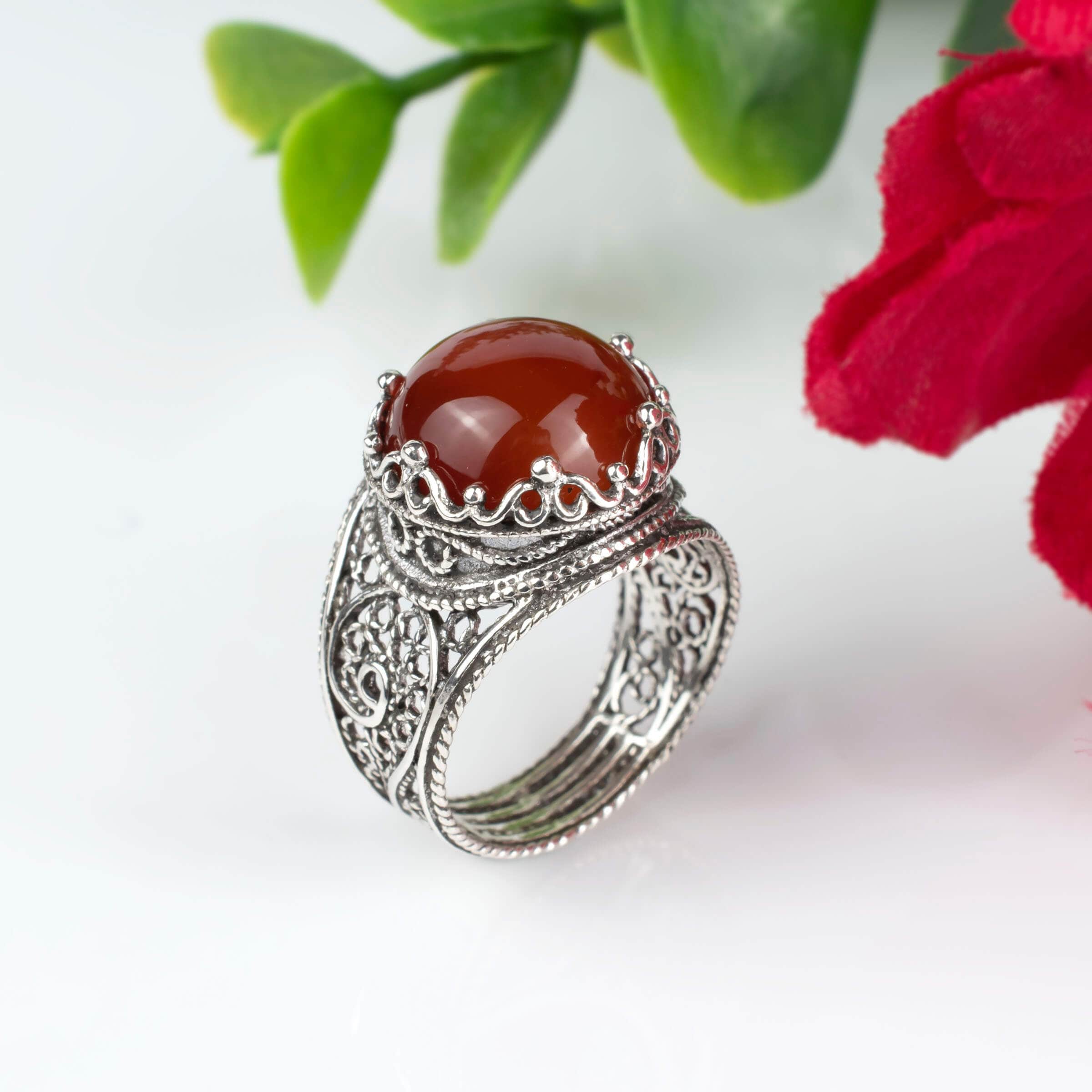 Filigree Art Carnelian Gemstone Crown Design Women Silver Statement