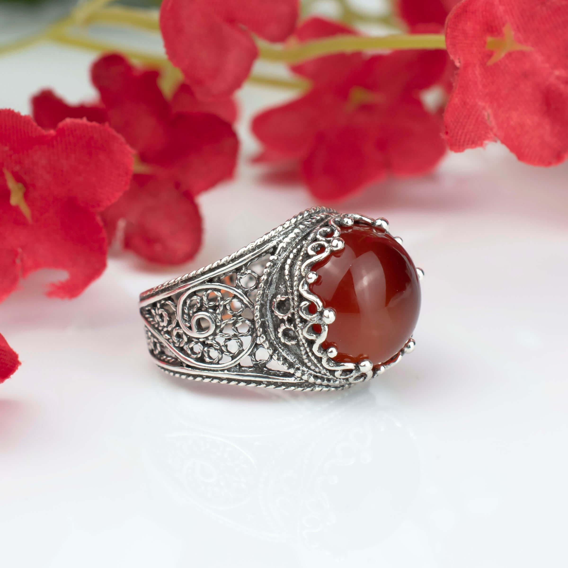 Filigree Art Carnelian Gemstone Crown Design Women Silver Statement