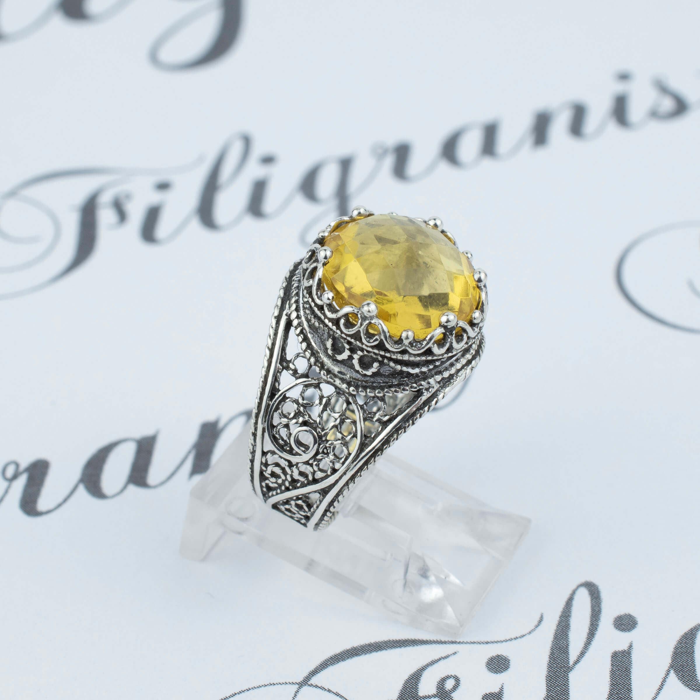 Filigree Art Citrine Gemstone Crown Design Women Silver Statement Ring