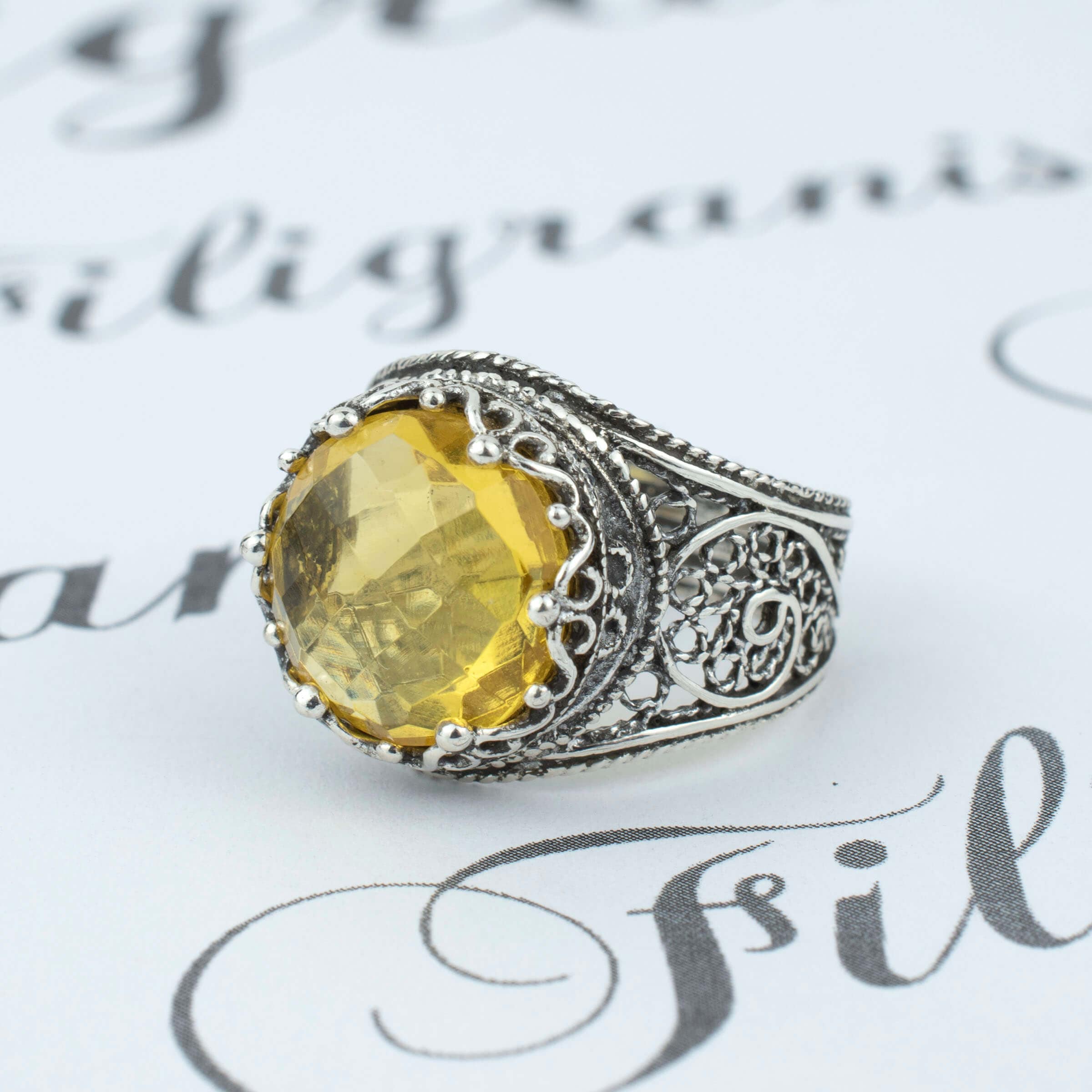 Filigree Art Citrine Gemstone Crown Design Women Silver Statement Ring