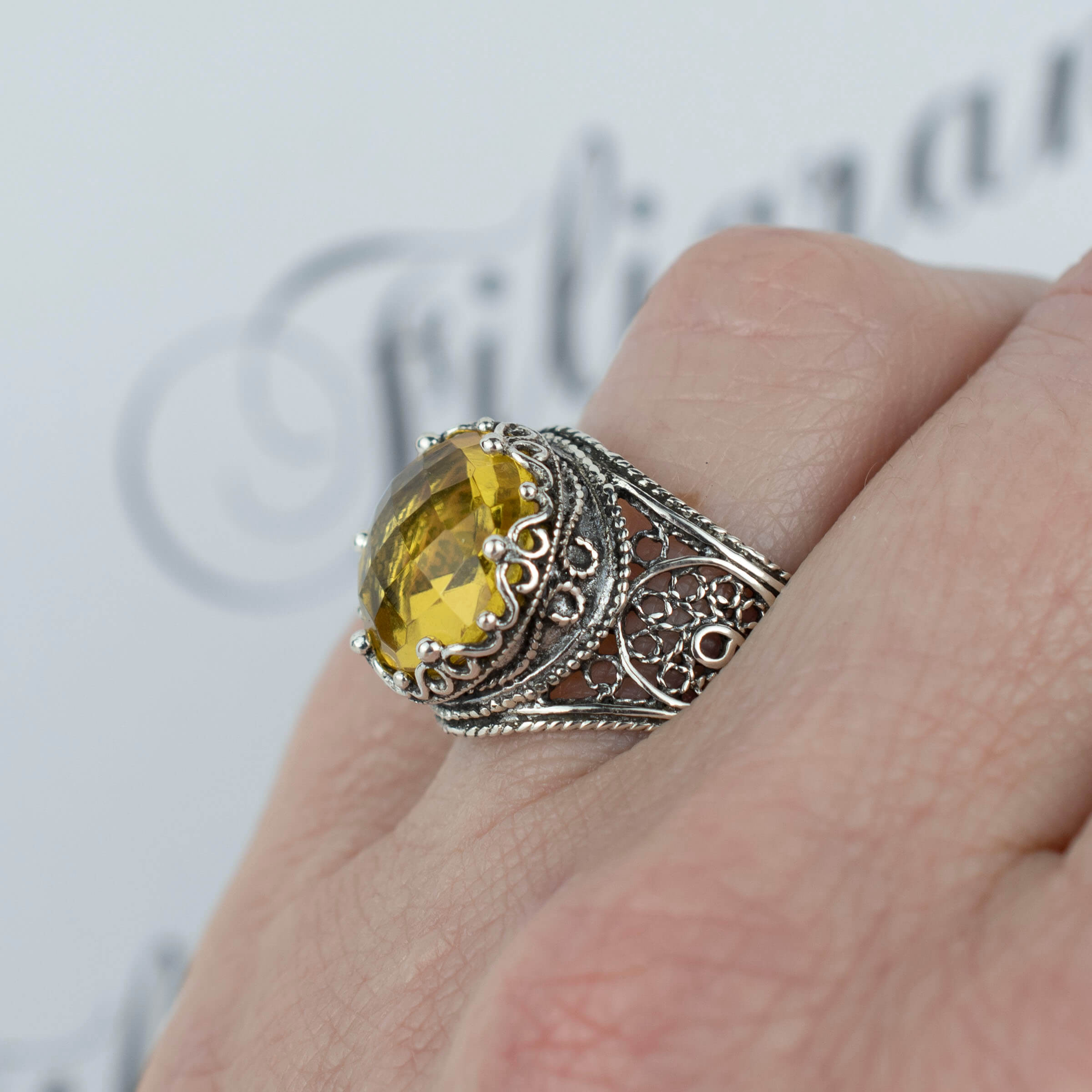 Filigree Art Citrine Gemstone Crown Design Women Silver Statement Ring