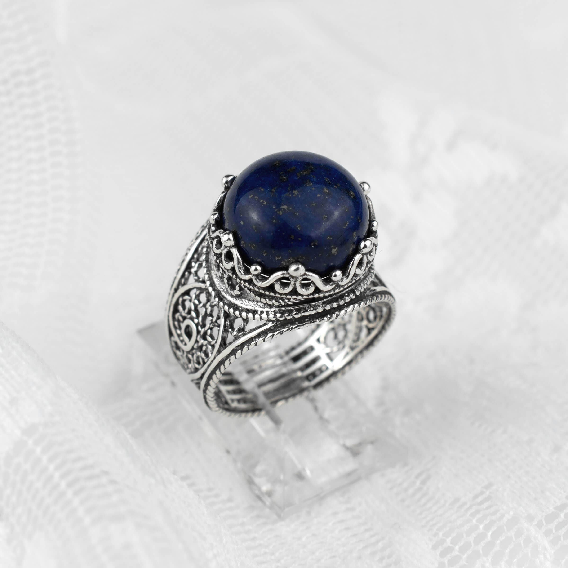 Filigree Art Lapis Lazuli Gemstone Crown Design Women Silver Cocktail