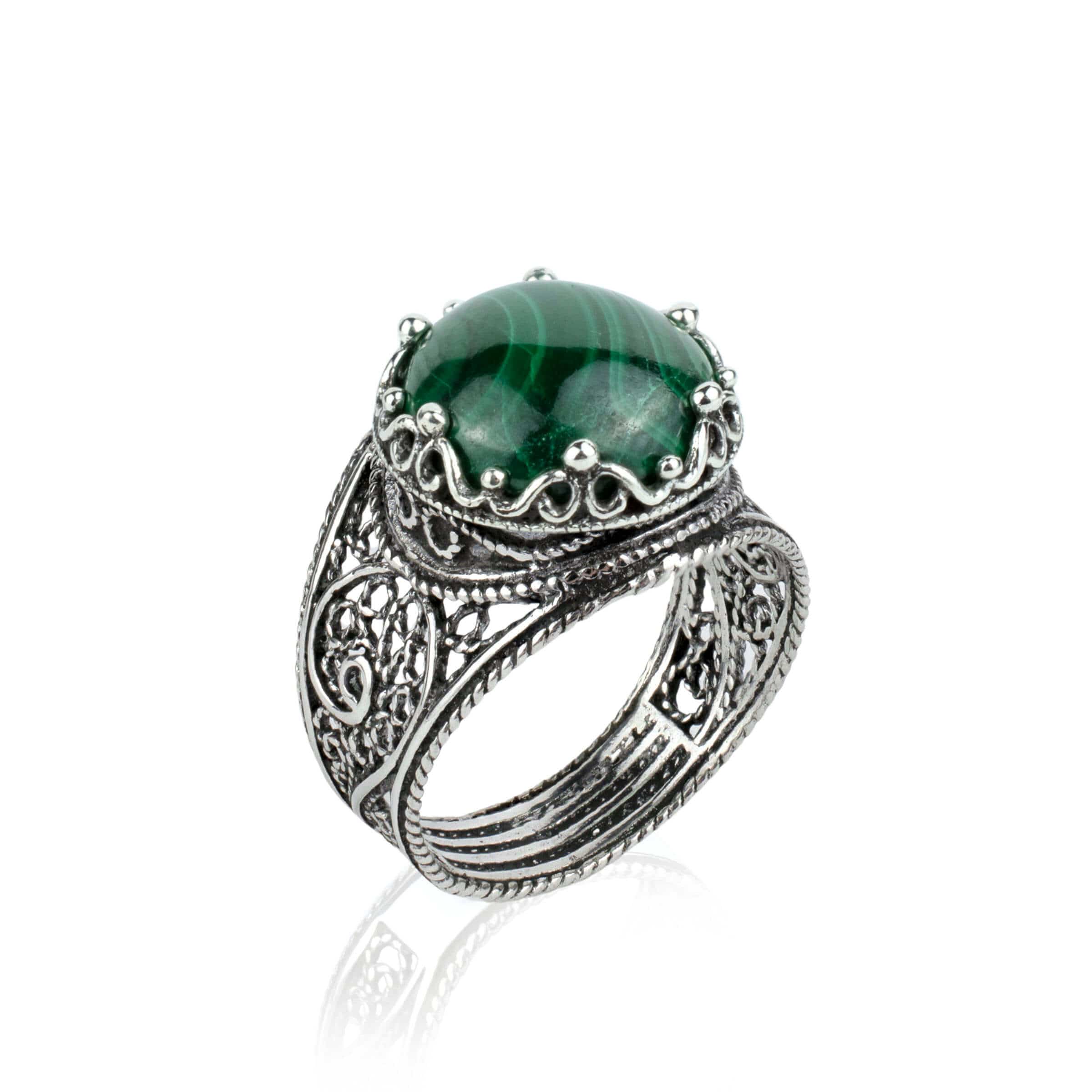 Filigree Art Malachite Gemstone Crown Design Women Silver Cocktail