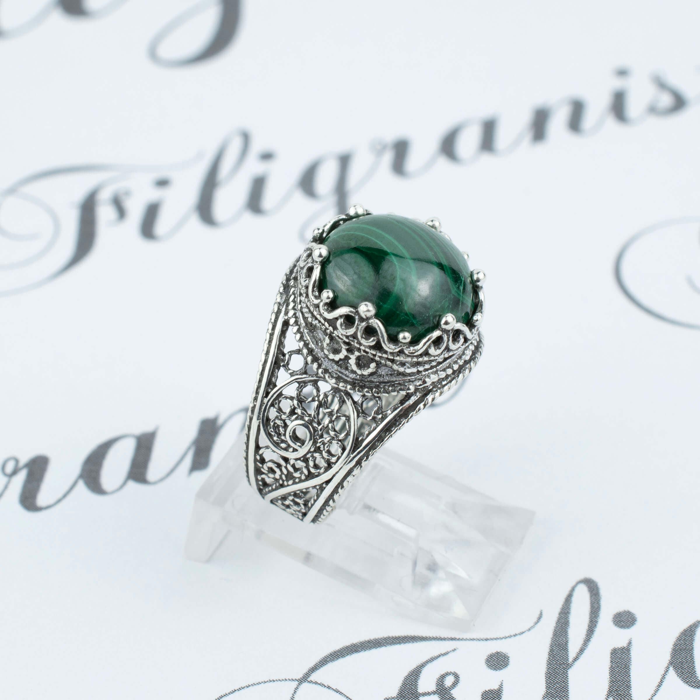 Filigree Art Malachite Gemstone Crown Design Women Silver Cocktail