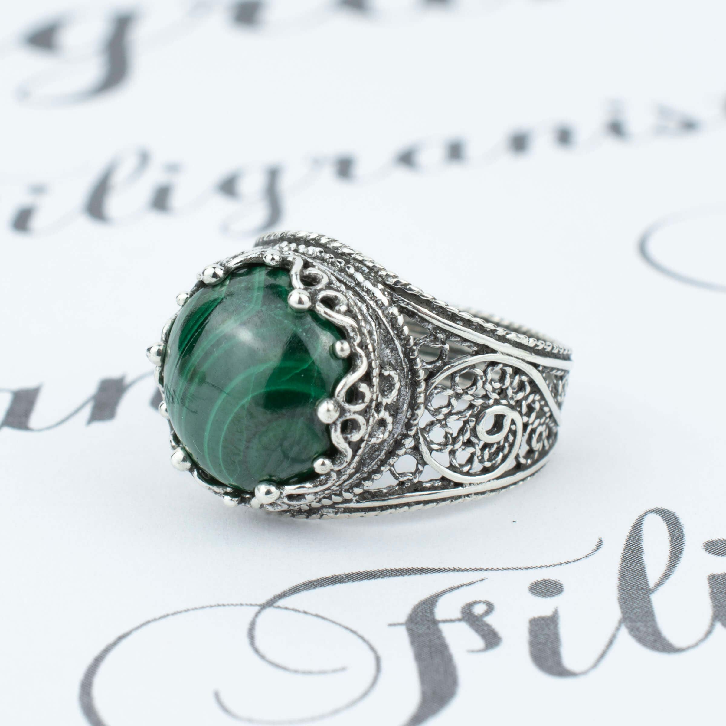 Filigree Art Malachite Gemstone Crown Design Women Silver Cocktail