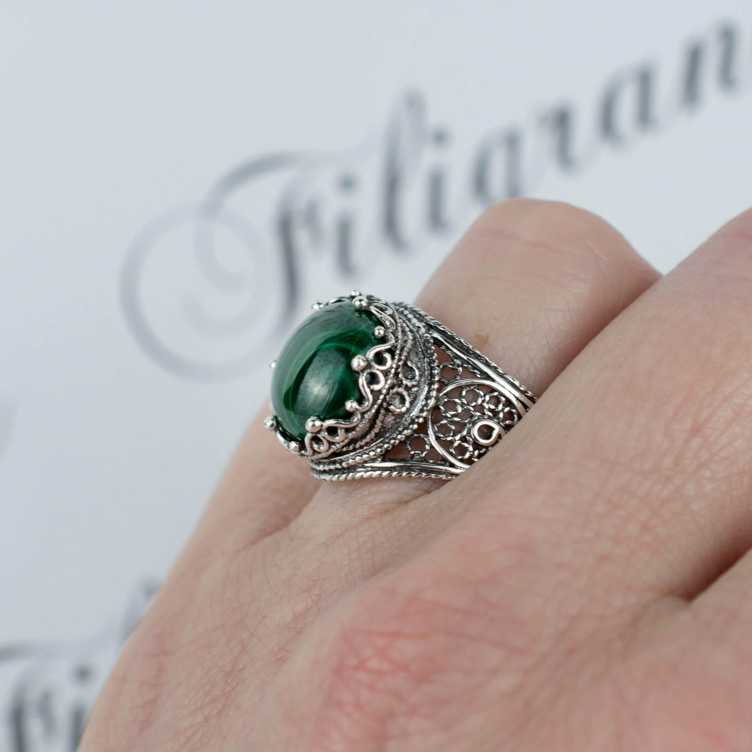 Filigree Art Malachite Gemstone Crown Design Women Silver Cocktail