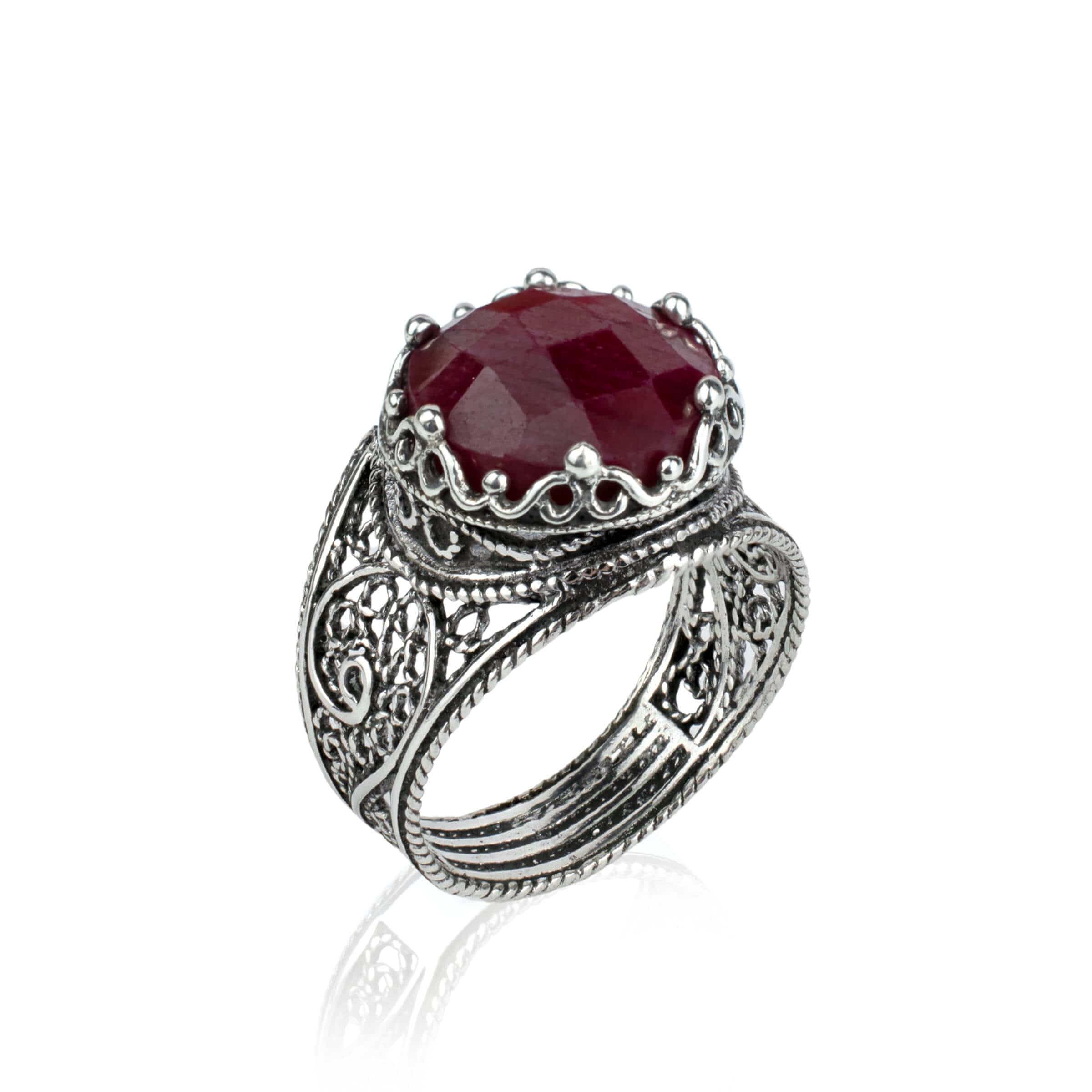 Filigree Art Ruby Corundum Gemstone Crown Design Women Silver Cocktail