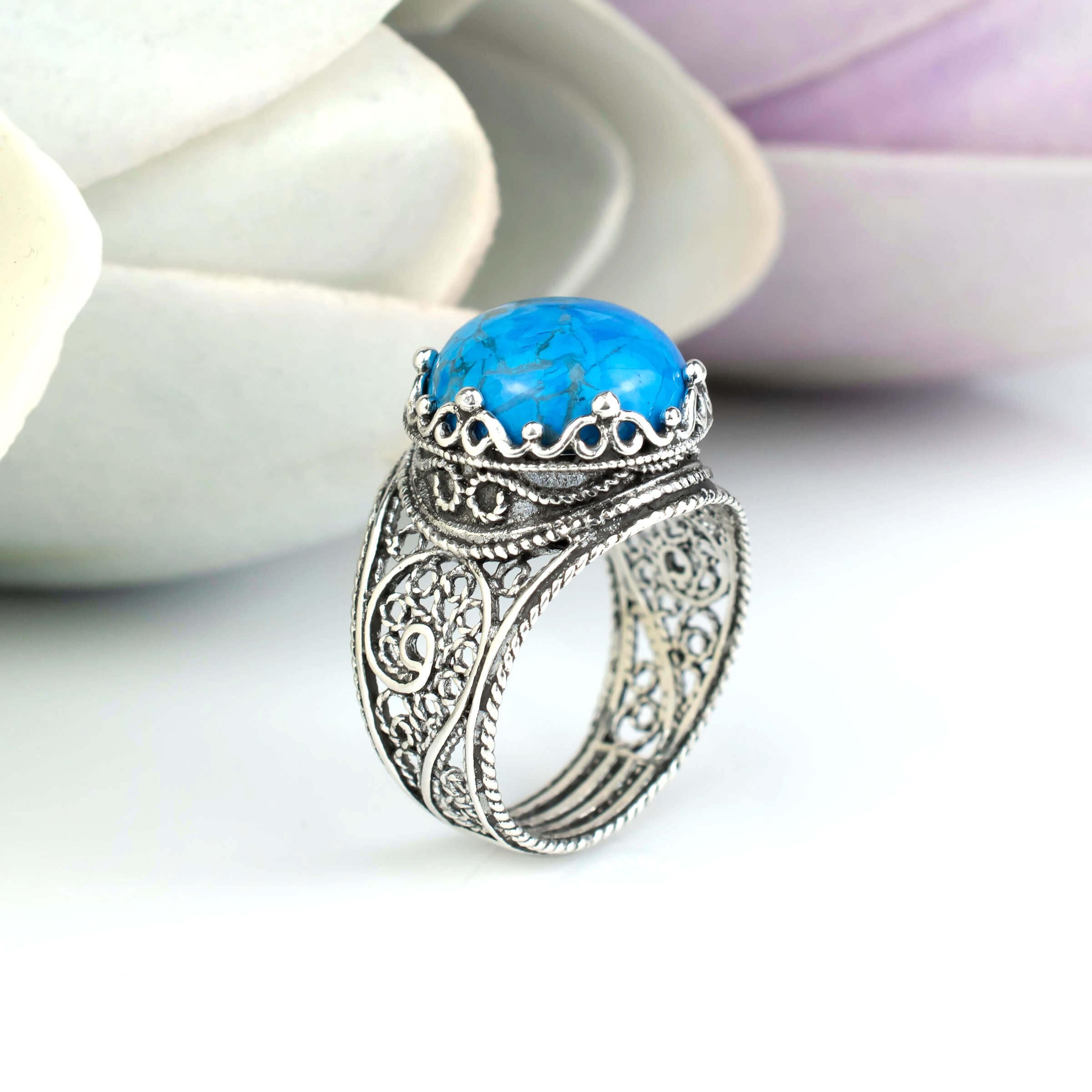 Filigree Art Turquoise Gemstone Crown Design Women Silver Cocktail