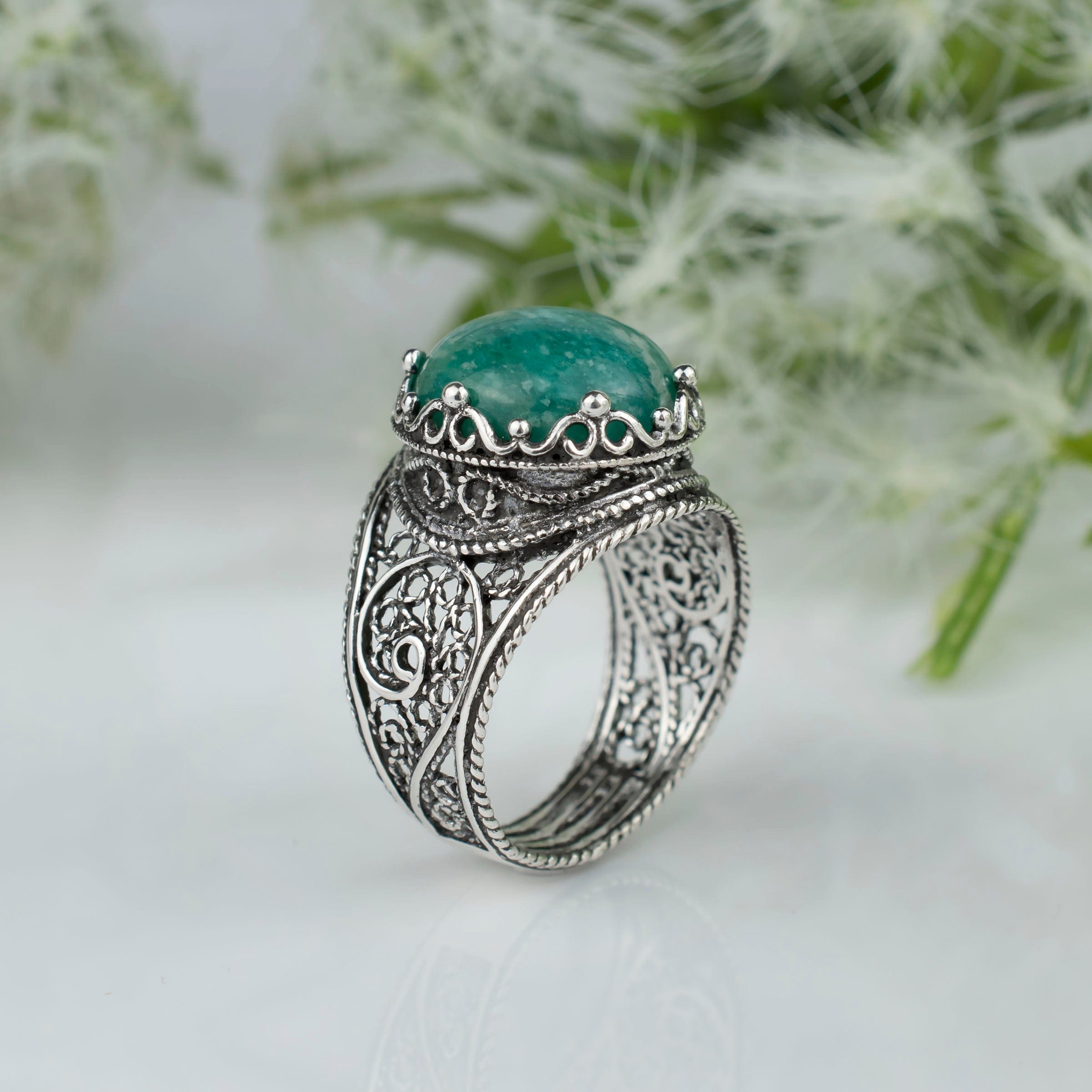 Filigree Art Amazonite Gemstone Crown Design Women Silver Statement