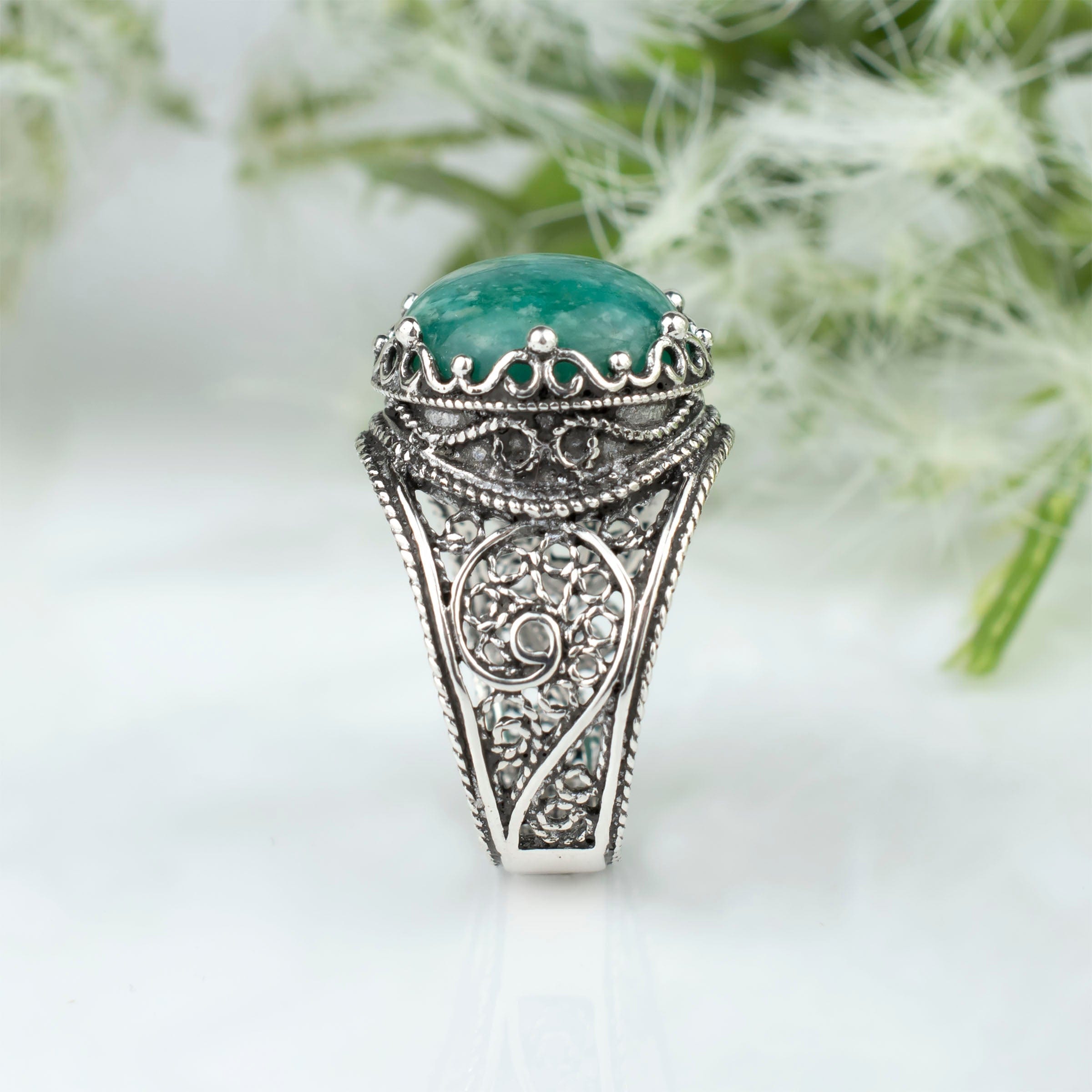 Filigree Art Amazonite Gemstone Crown Design Women Silver Statement