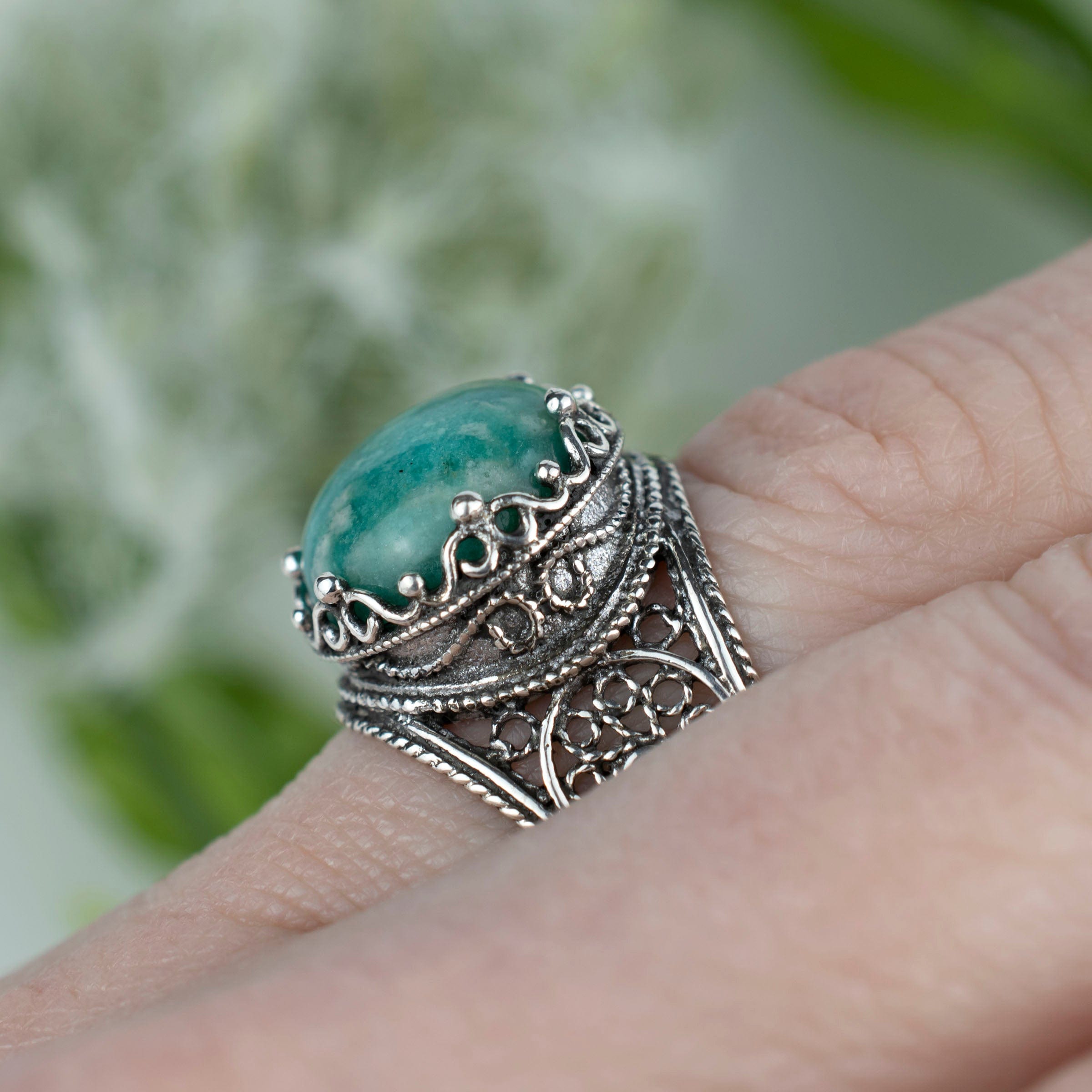 Filigree Art Amazonite Gemstone Crown Design Women Silver Statement