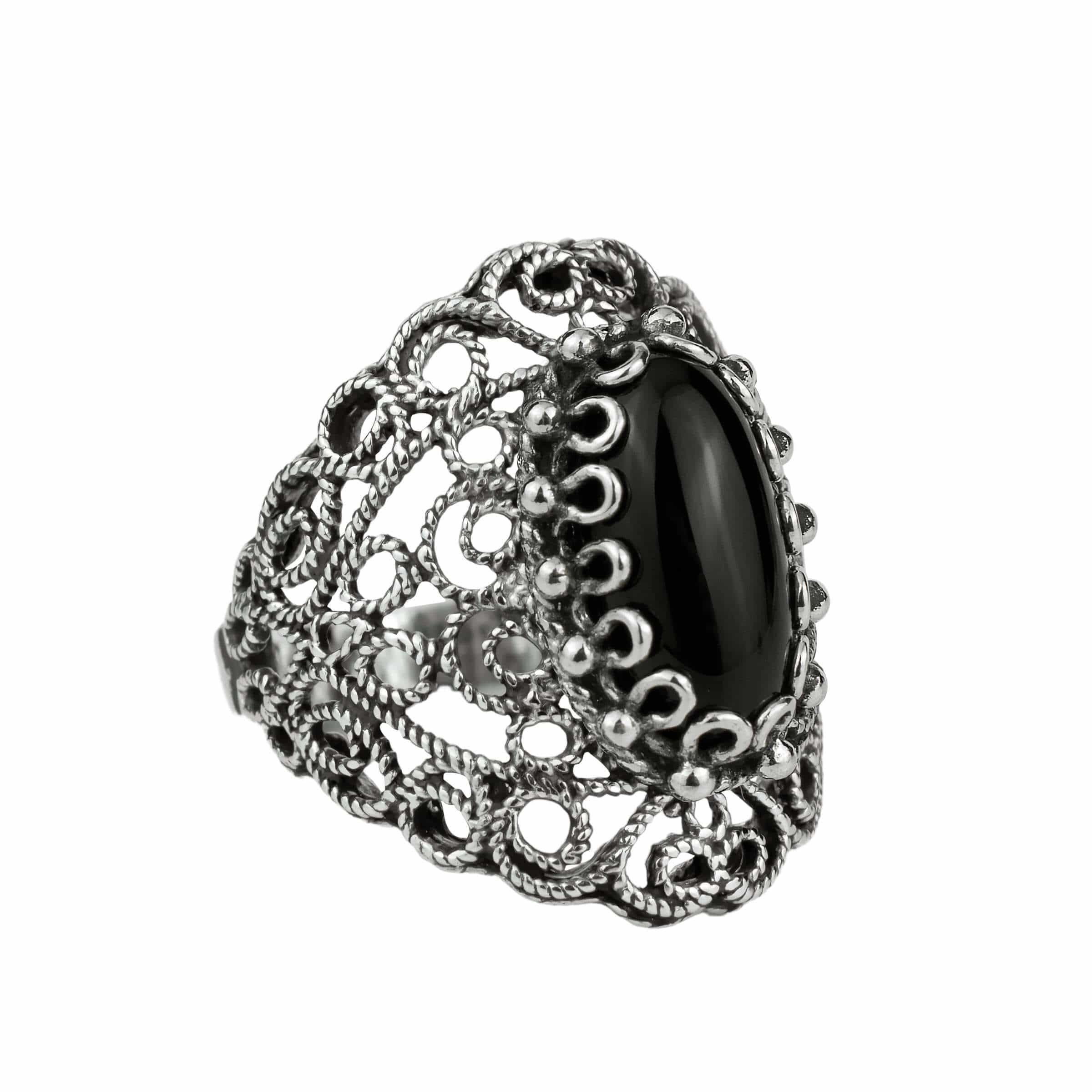 Filigree Art Black Onyx Gemstone Lace Detailed Women Silver Statement