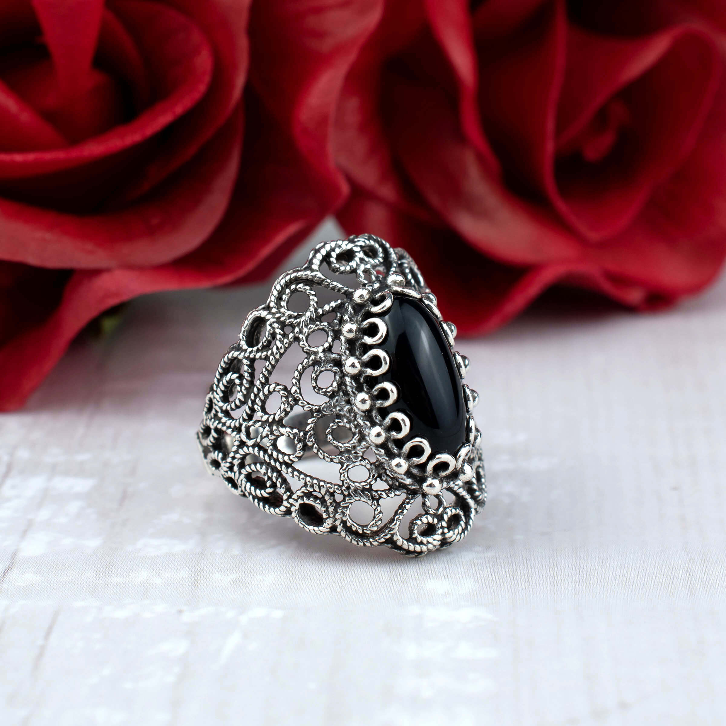 Filigree Art Black Onyx Gemstone Lace Detailed Women Silver Statement