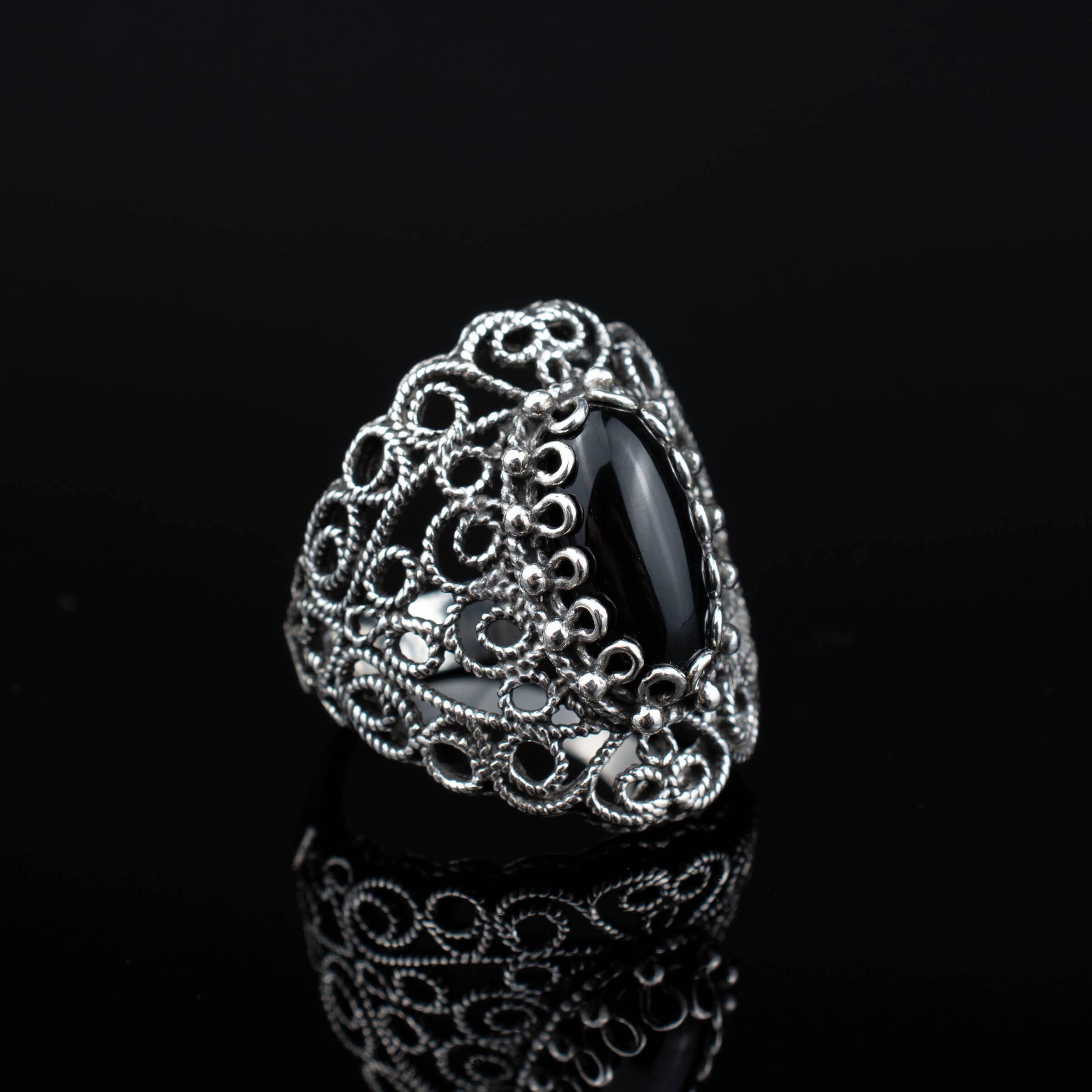 Filigree Art Black Onyx Gemstone Lace Detailed Women Silver Statement