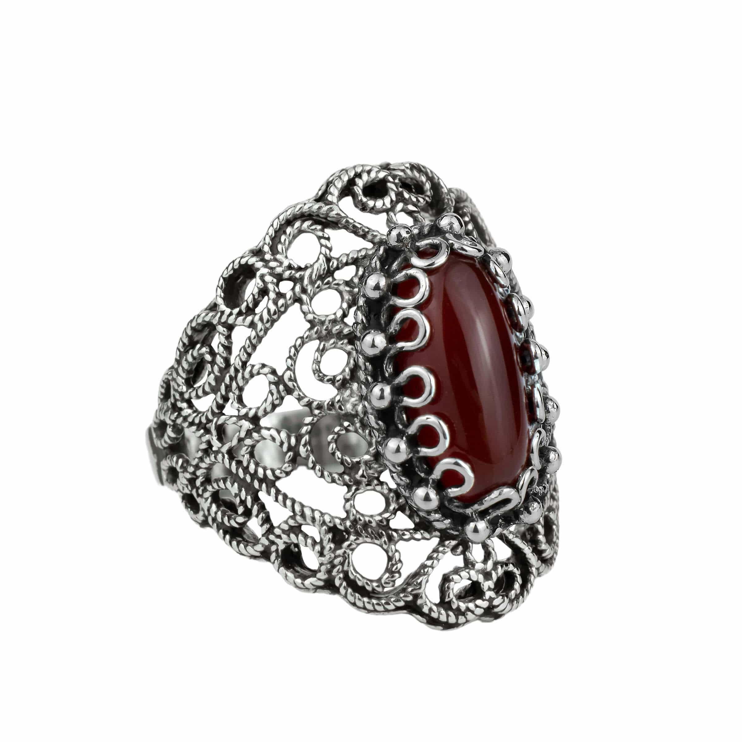 Filigree Art Carnelian Gemstone Lace Detailed Women Silver Statement