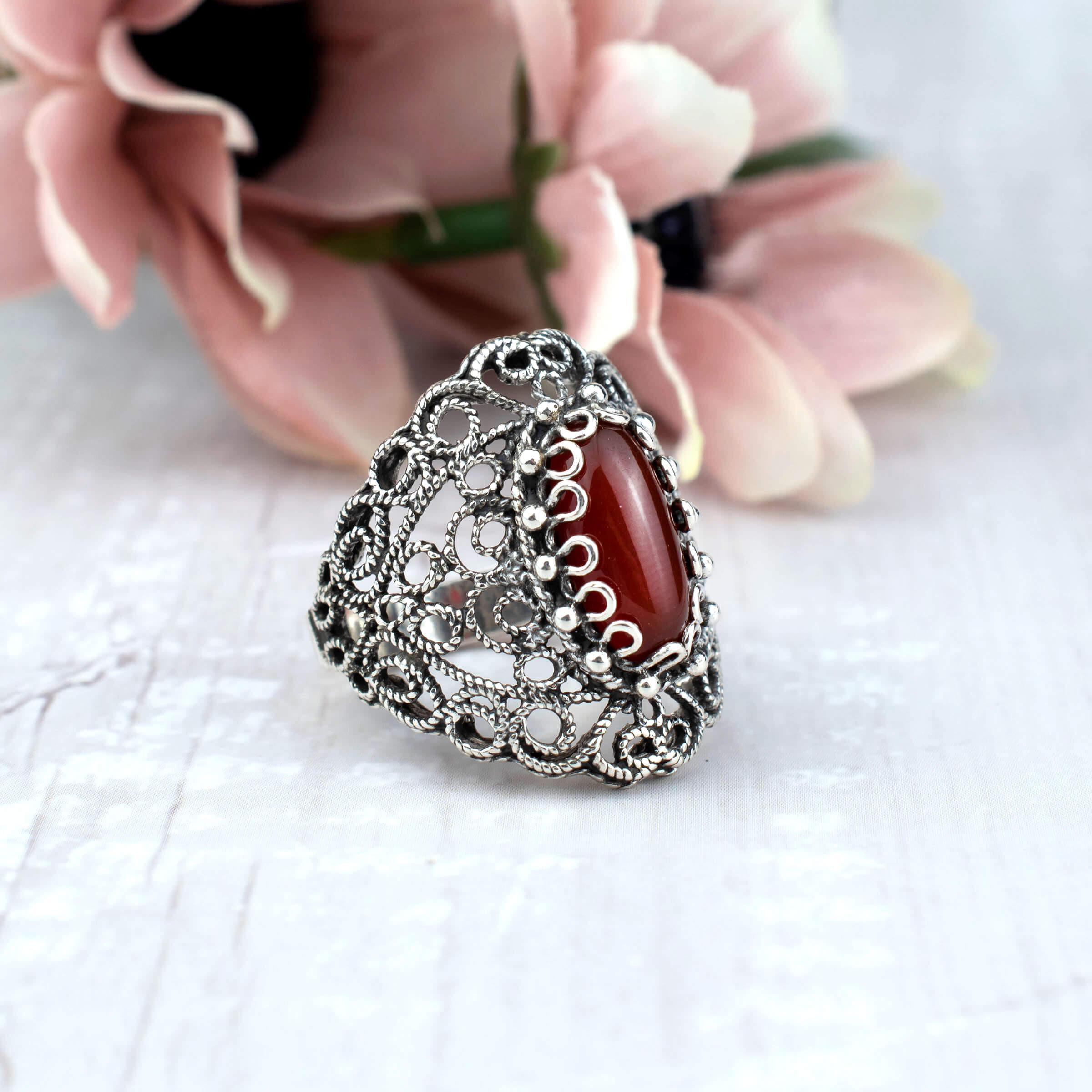 Filigree Art Carnelian Gemstone Lace Detailed Women Silver Statement