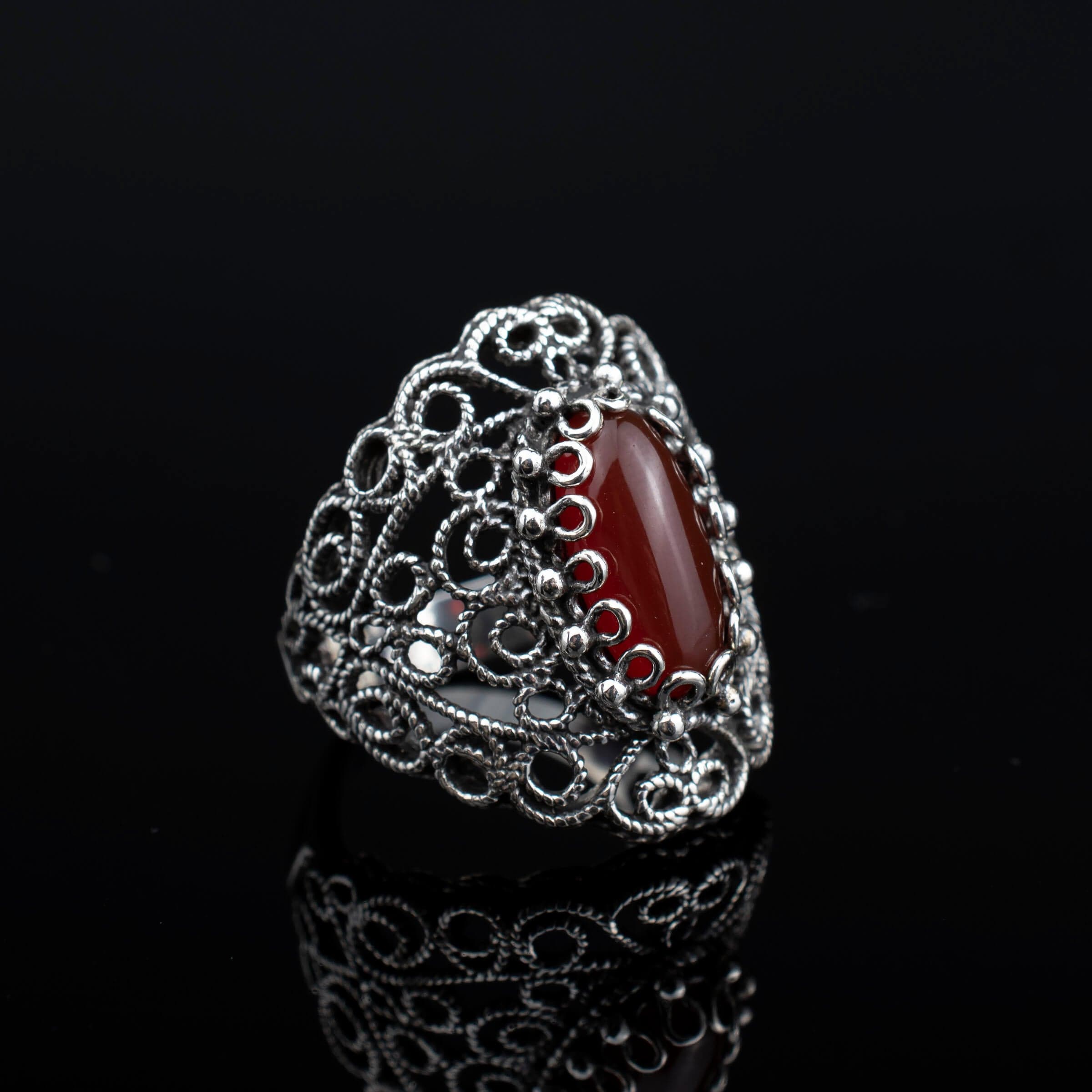 Filigree Art Carnelian Gemstone Lace Detailed Women Silver Statement