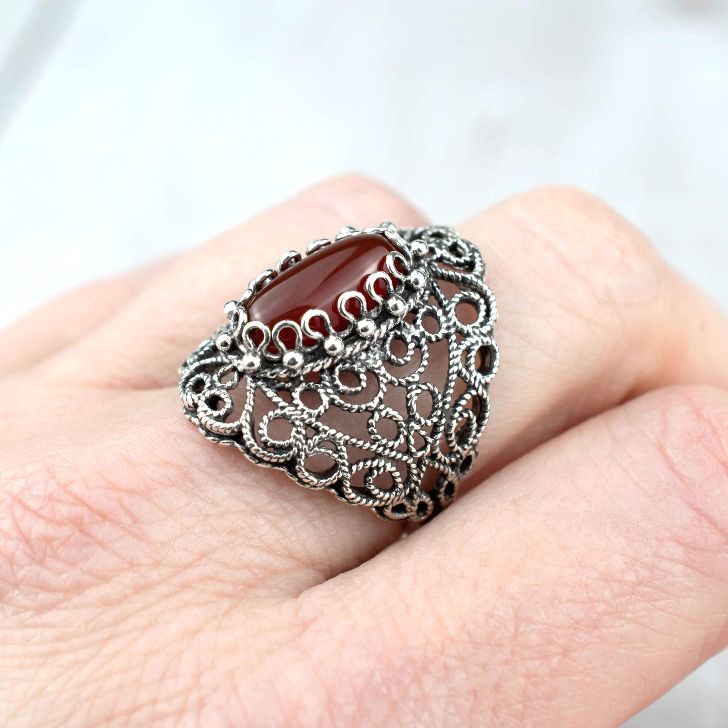 Filigree Art Carnelian Gemstone Lace Detailed Women Silver Statement