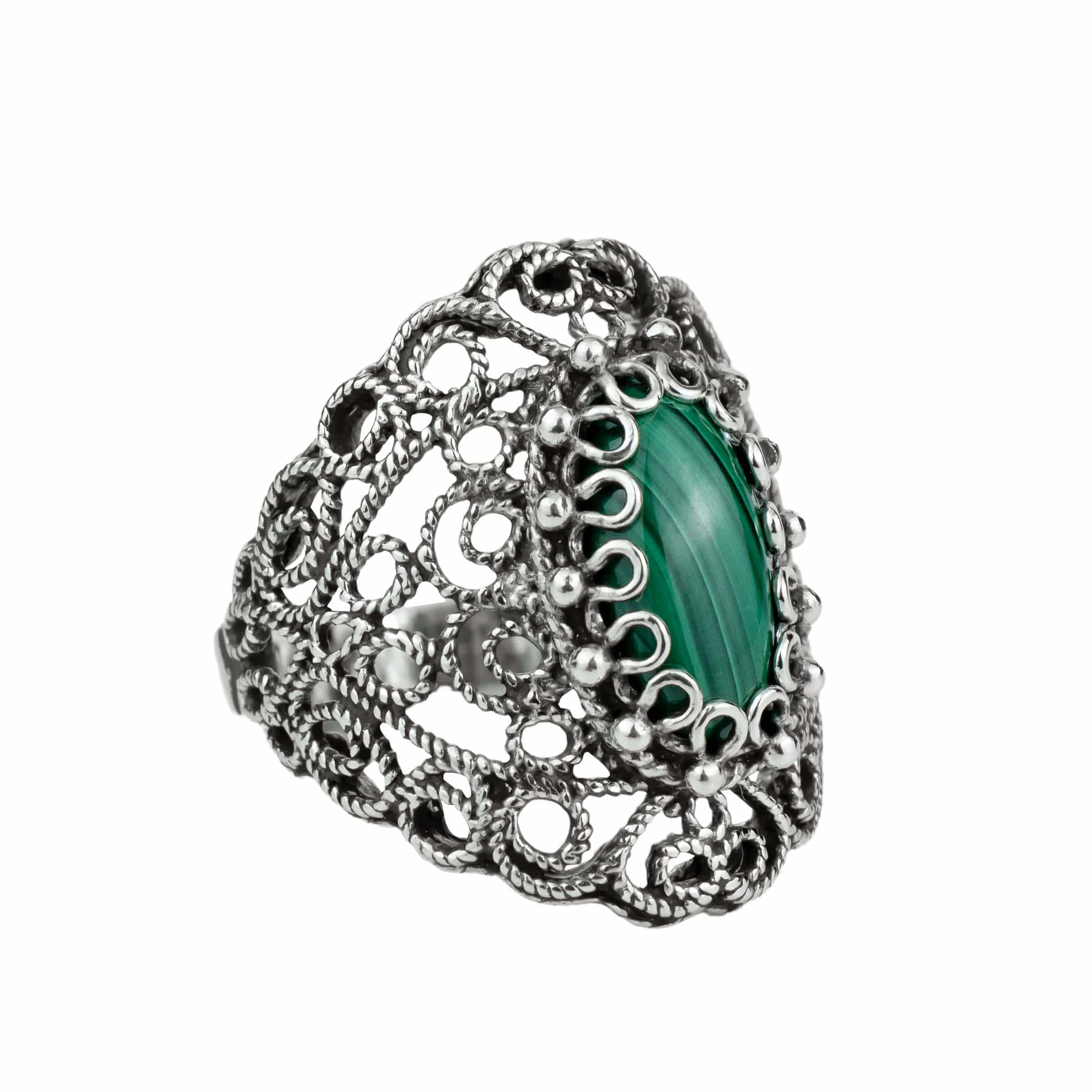 Filigree Art Malachite Gemstone Lace Detailed Women Silver Statement