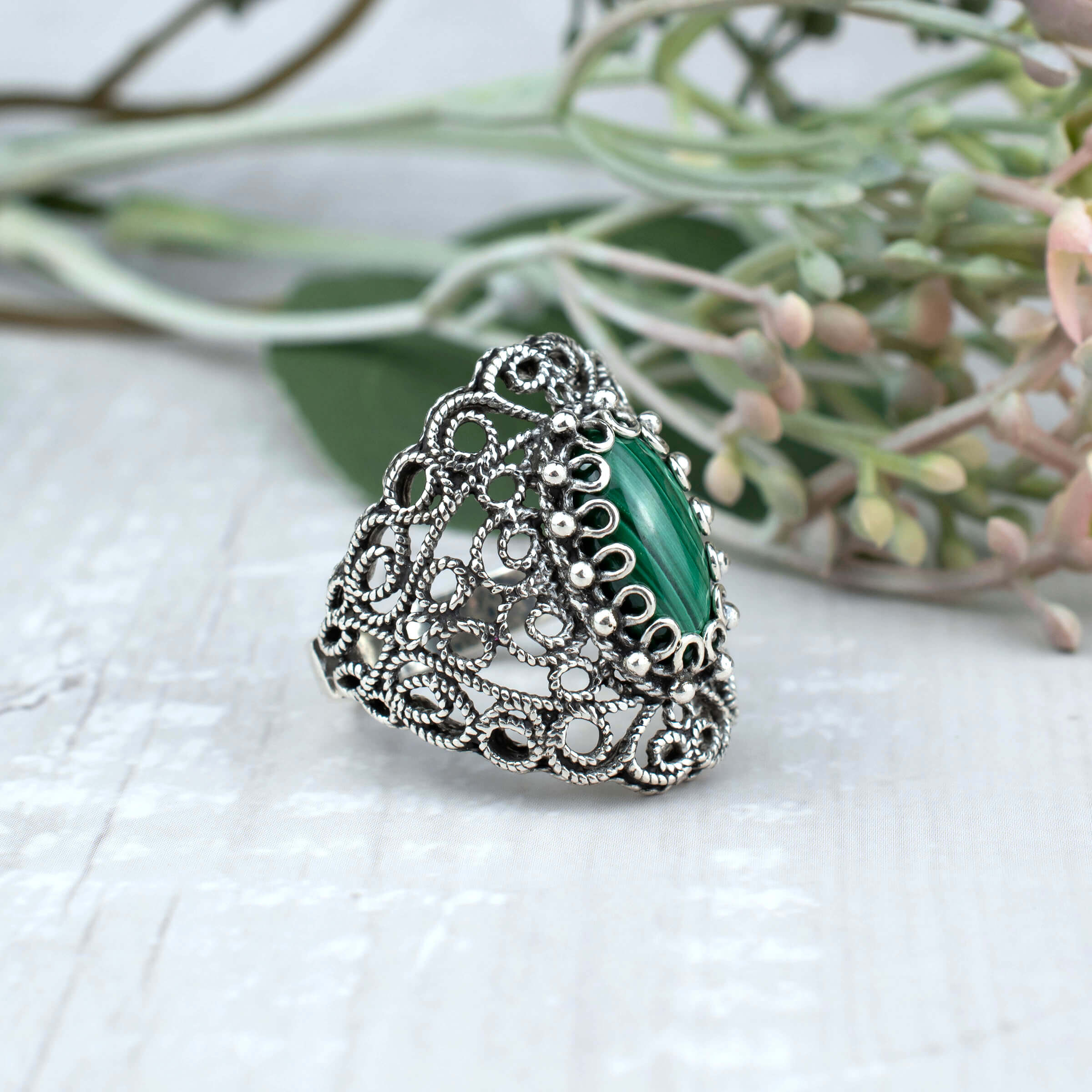 Filigree Art Malachite Gemstone Lace Detailed Women Silver Statement