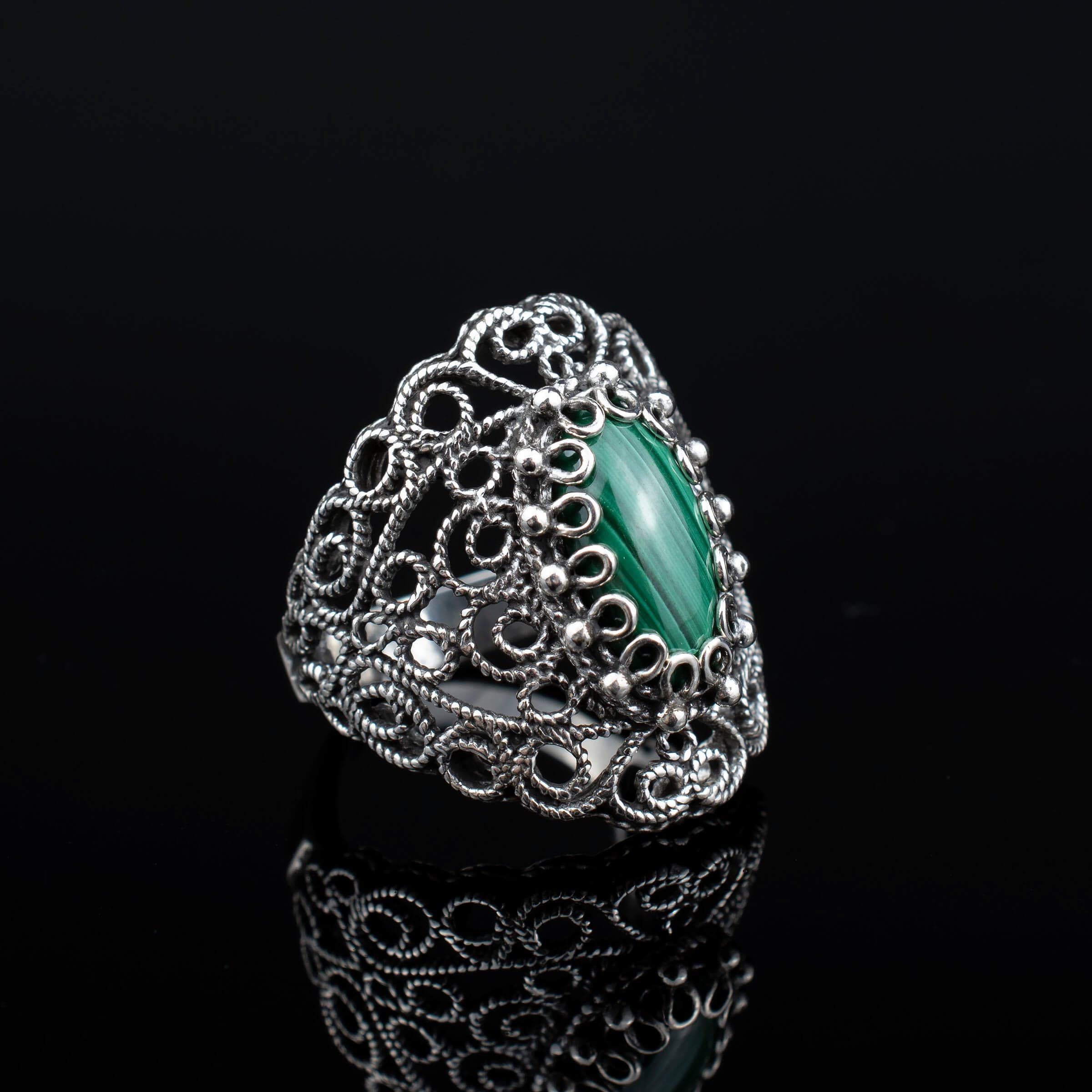 Filigree Art Malachite Gemstone Lace Detailed Women Silver Statement