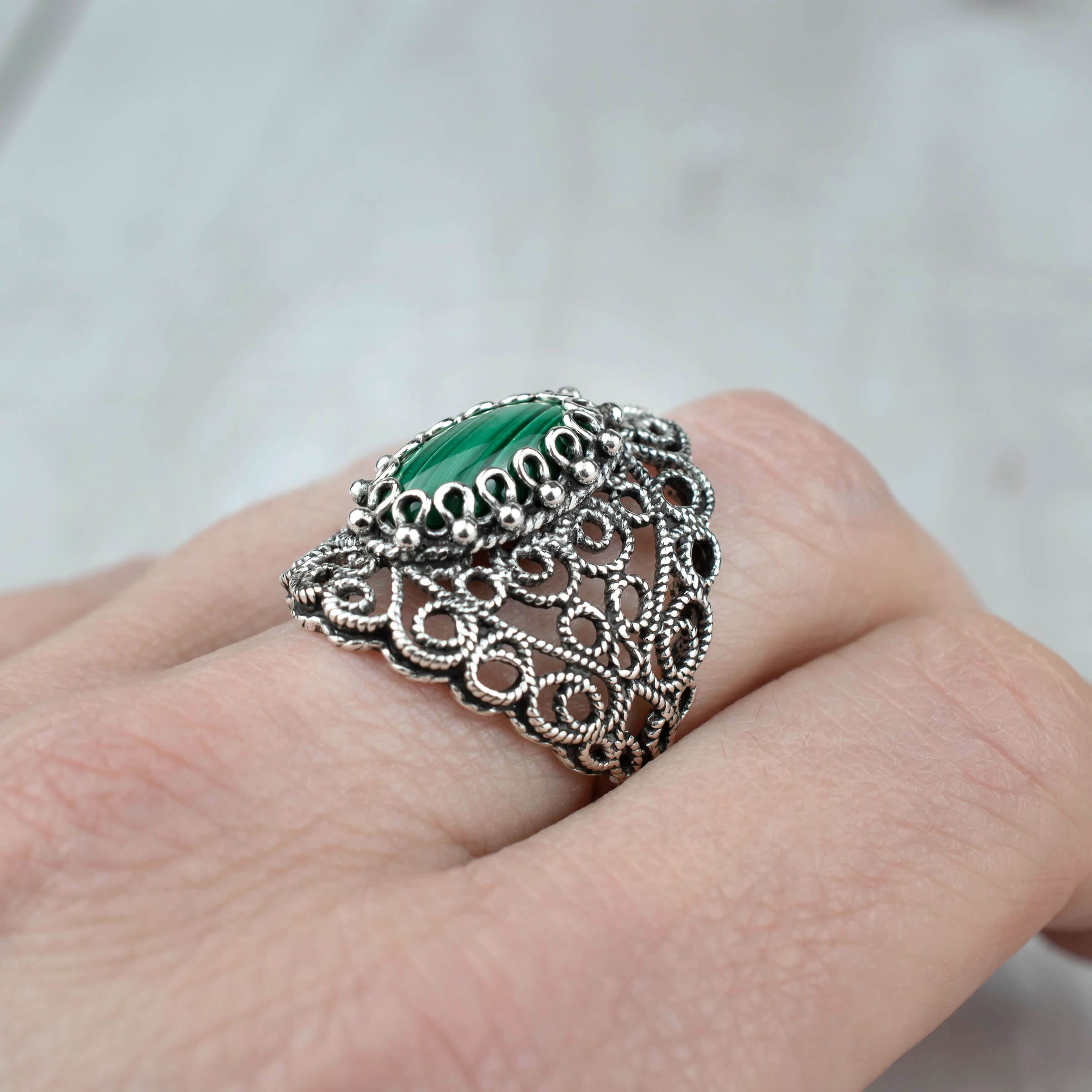 Filigree Art Malachite Gemstone Lace Detailed Women Silver Statement