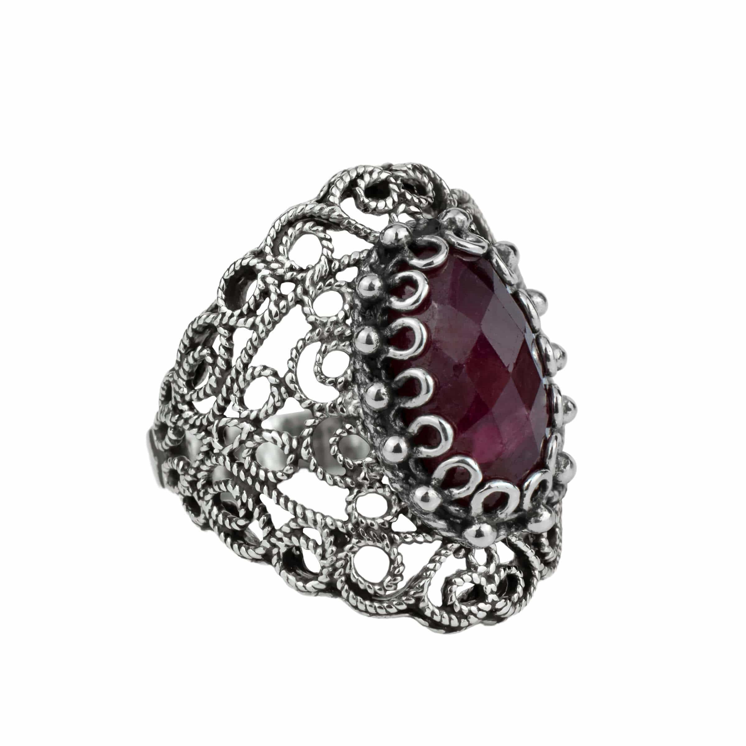 Filigree Art Ruby Corundum Gemstone Lace Women Silver Statement Ring