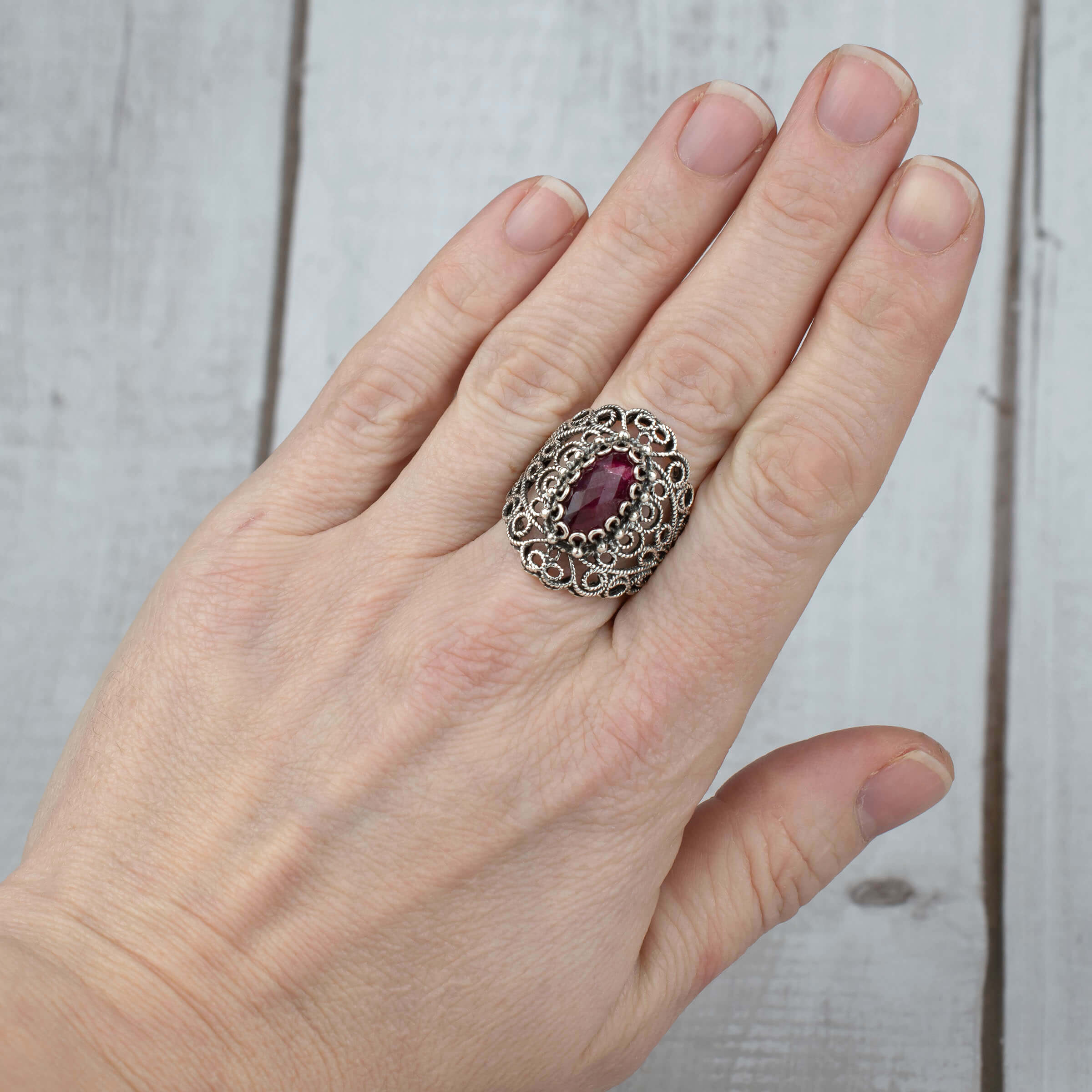 Filigree Art Ruby Corundum Gemstone Lace Women Silver Statement Ring