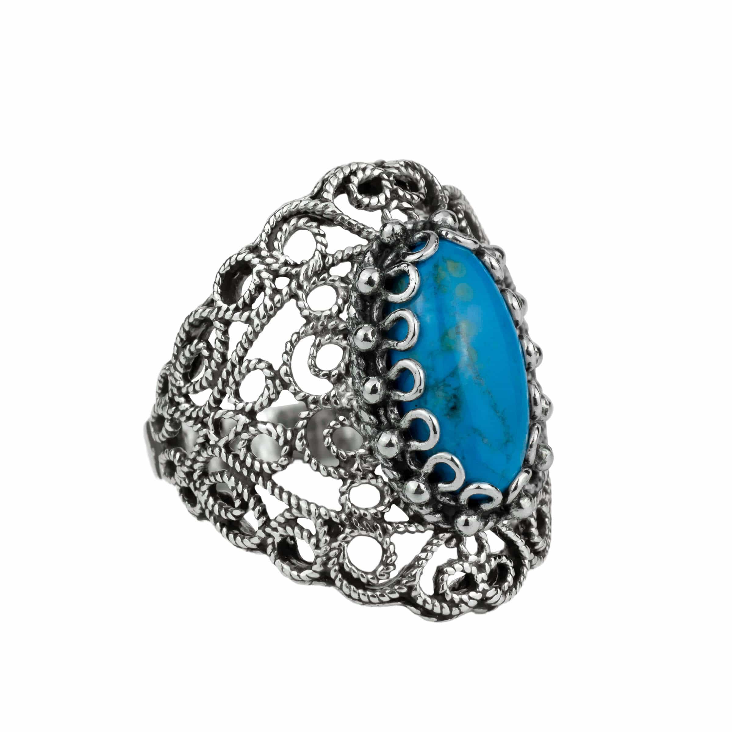 Filigree Art Turquoise Gemstone Lace Detailed Women Silver Statement