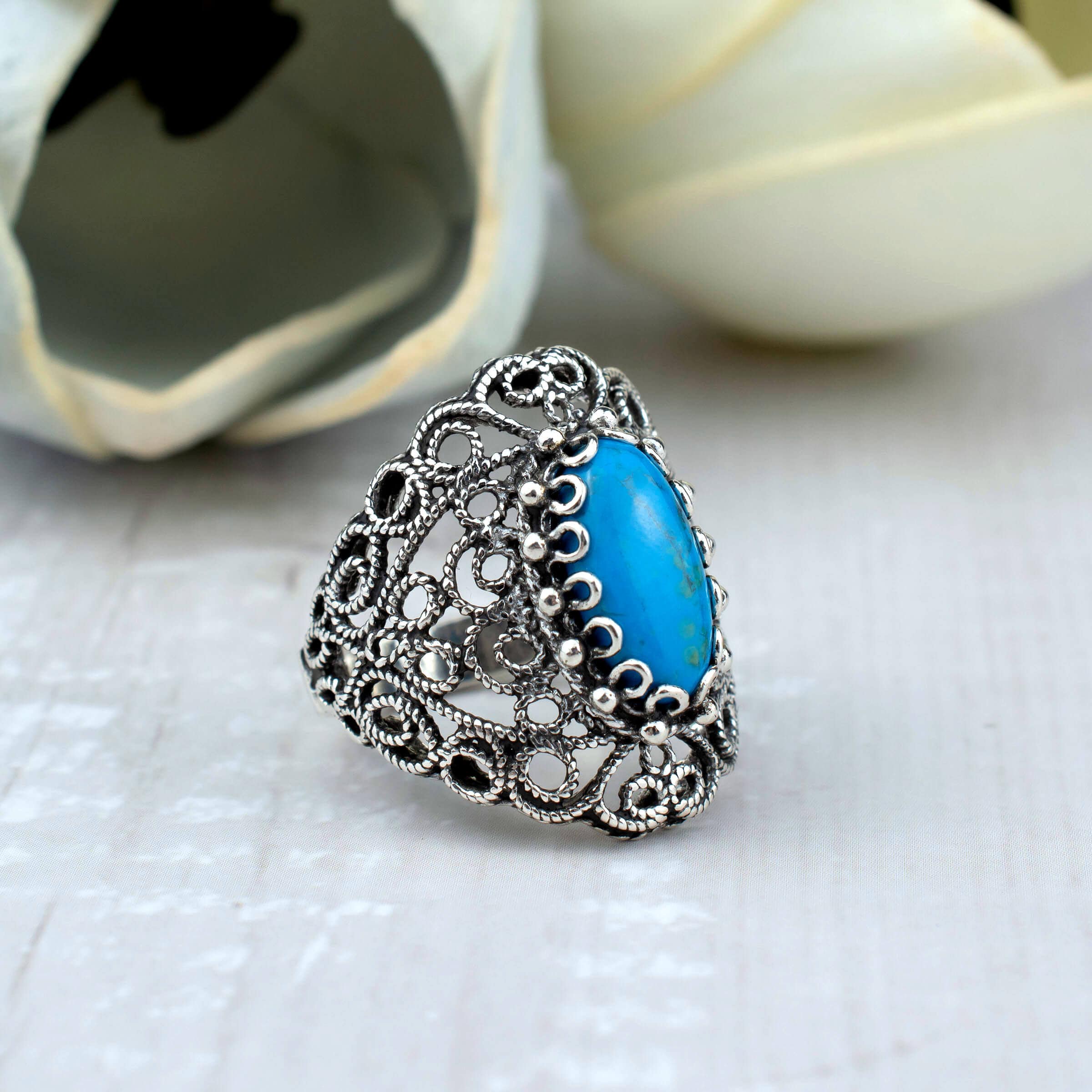 Filigree Art Turquoise Gemstone Lace Detailed Women Silver Statement