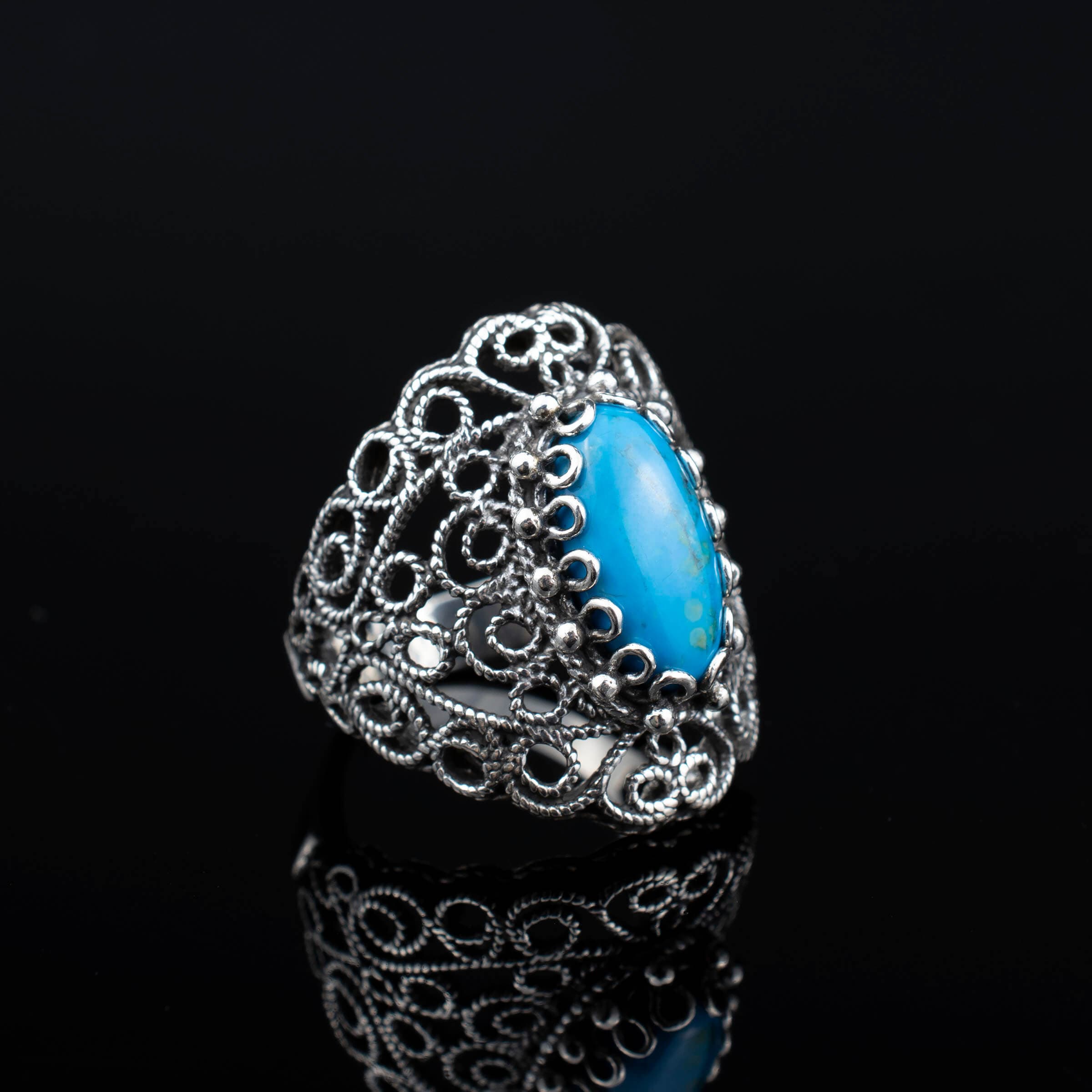 Filigree Art Turquoise Gemstone Lace Detailed Women Silver Statement