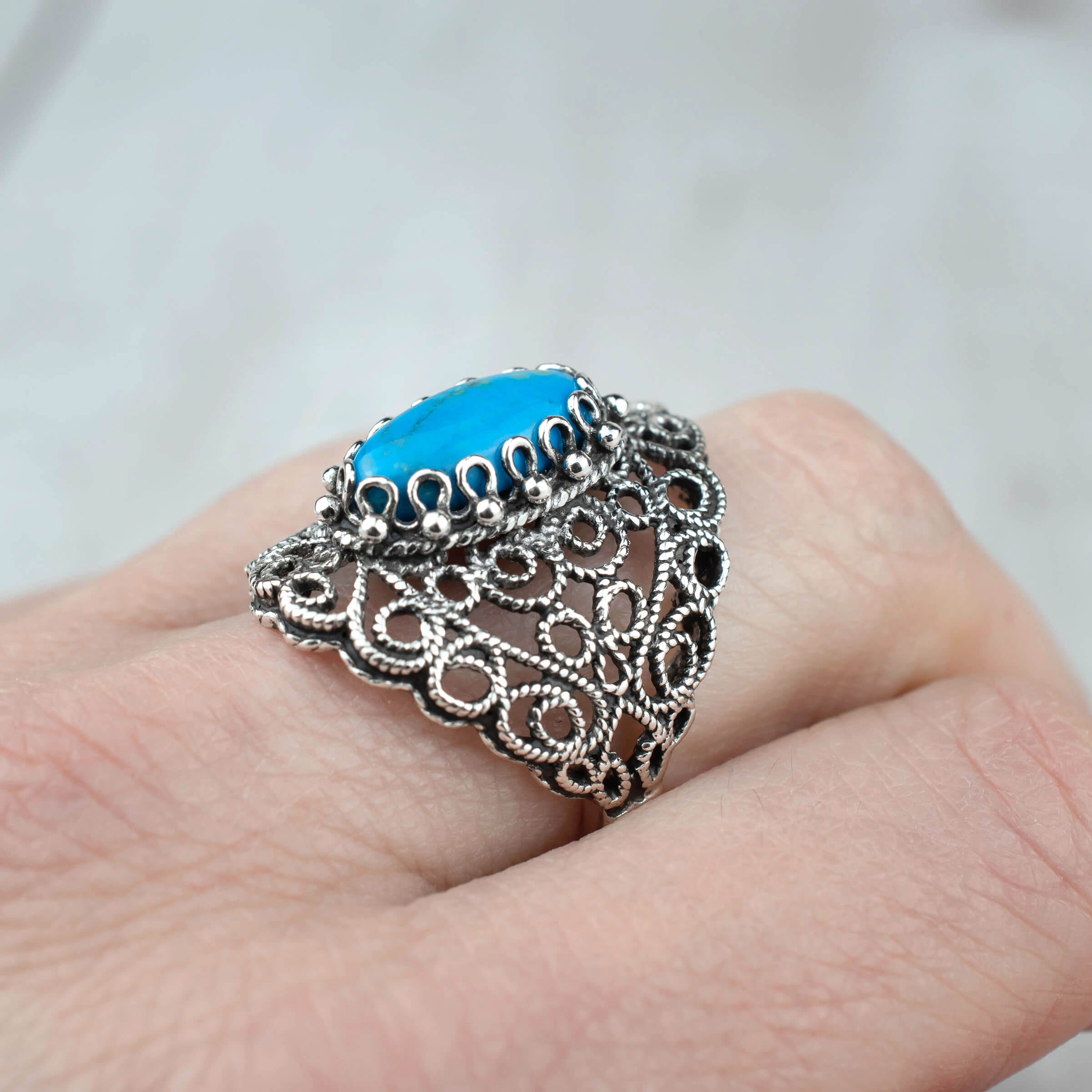 Filigree Art Turquoise Gemstone Lace Detailed Women Silver Statement