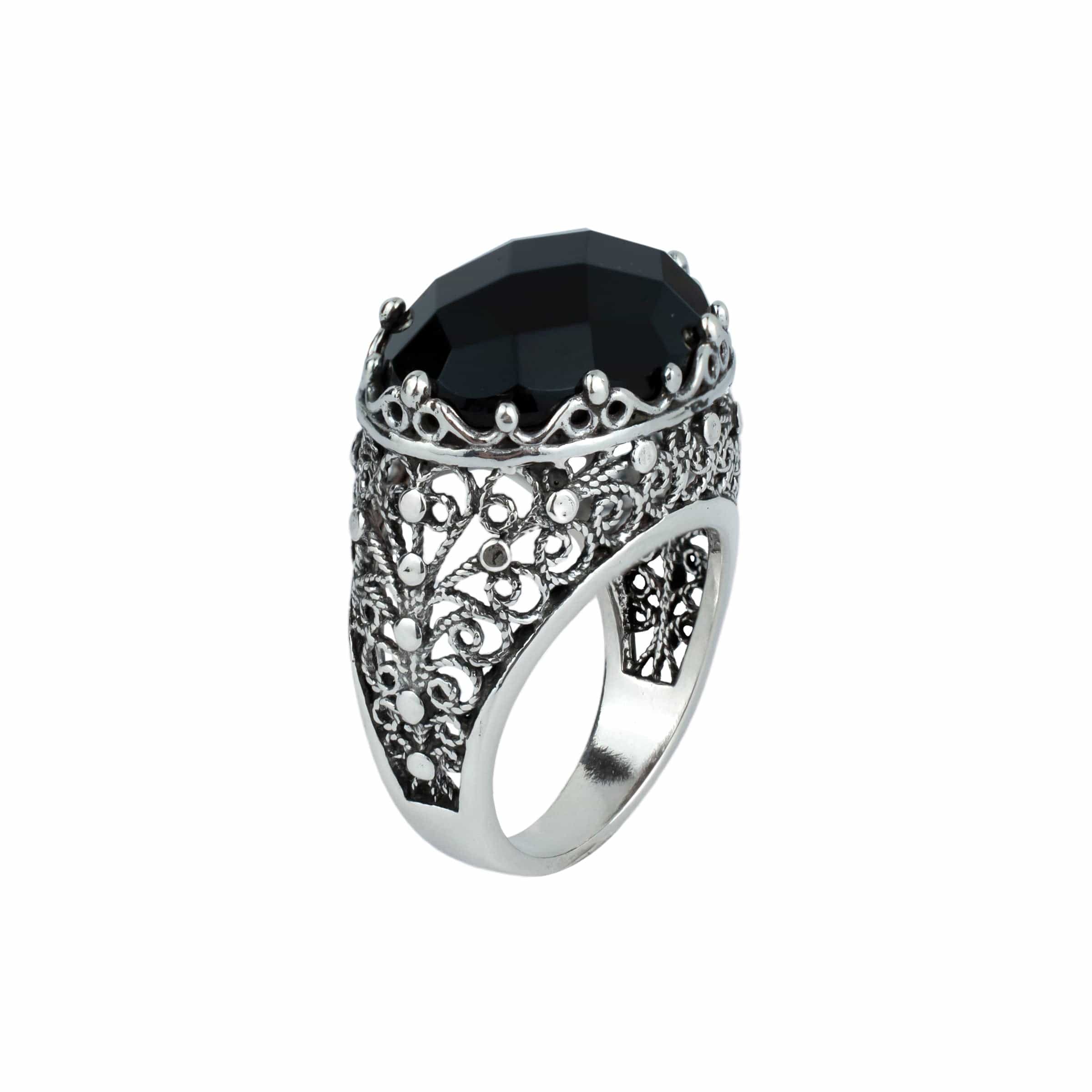 Filigree Art Black Onyx Gemstone Women Silver Dome Statement Ring